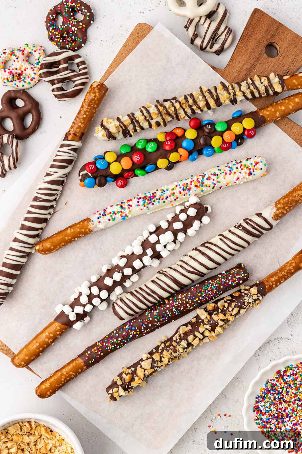 An assortment of chocolate covered pretzel rods and twist pretzels arranged on a cutting board, accompanied by bowls of crushed nuts and colorful sprinkles, ready for decorating.
