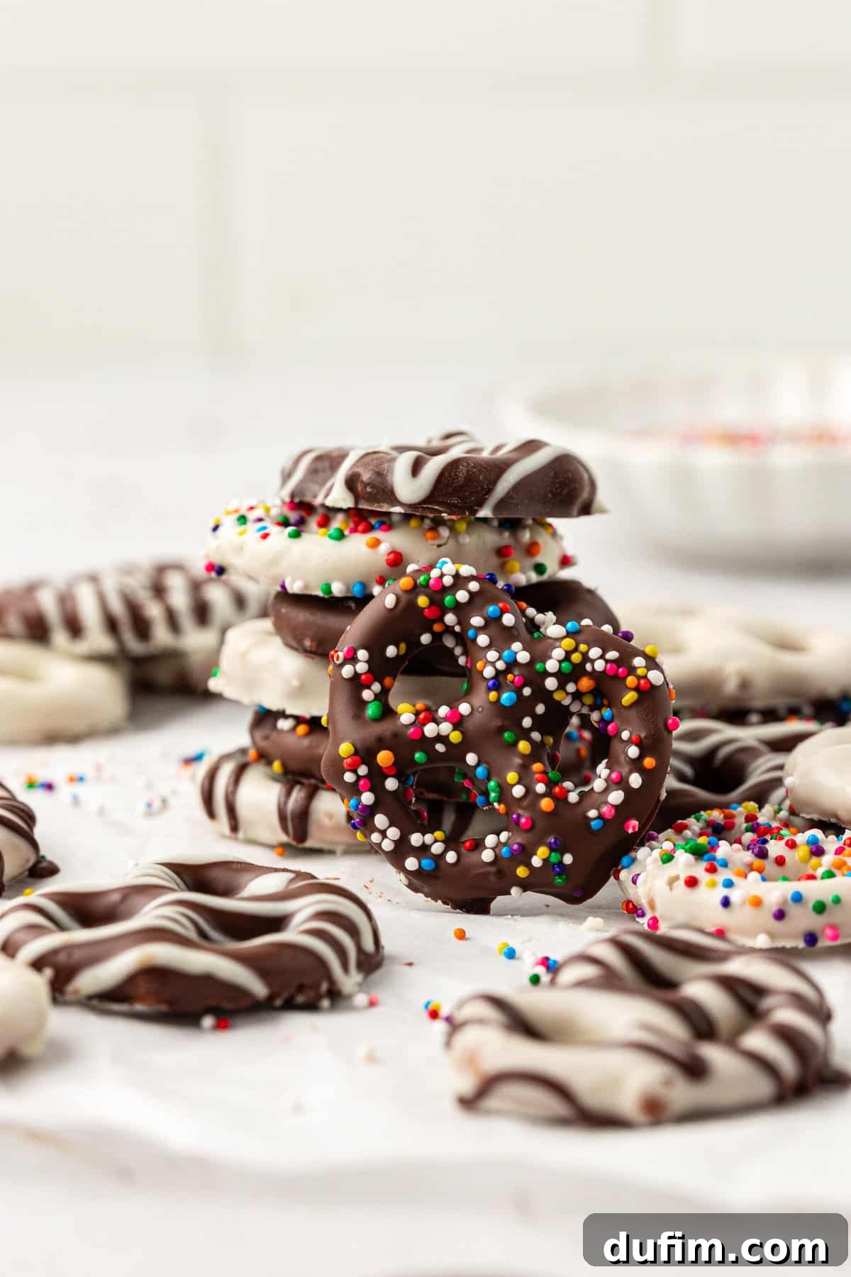 A curated display of chocolate covered pretzels, including dark chocolate with white chocolate drizzle, white chocolate with dark chocolate drizzle, and both coated in cheerful rainbow sprinkles, elegantly stacked and scattered.