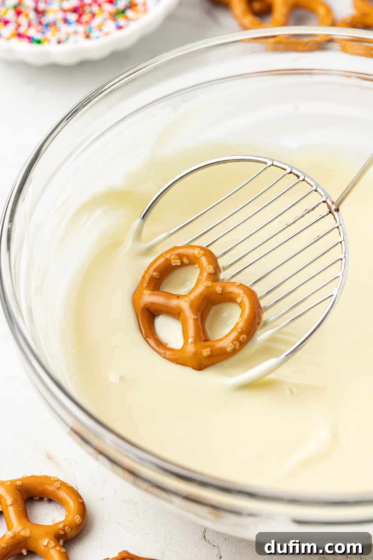 A twist pretzel being carefully dipped into a clear glass bowl of smooth white chocolate, with other pretzels and a bowl of rainbow sprinkles visible in the background.