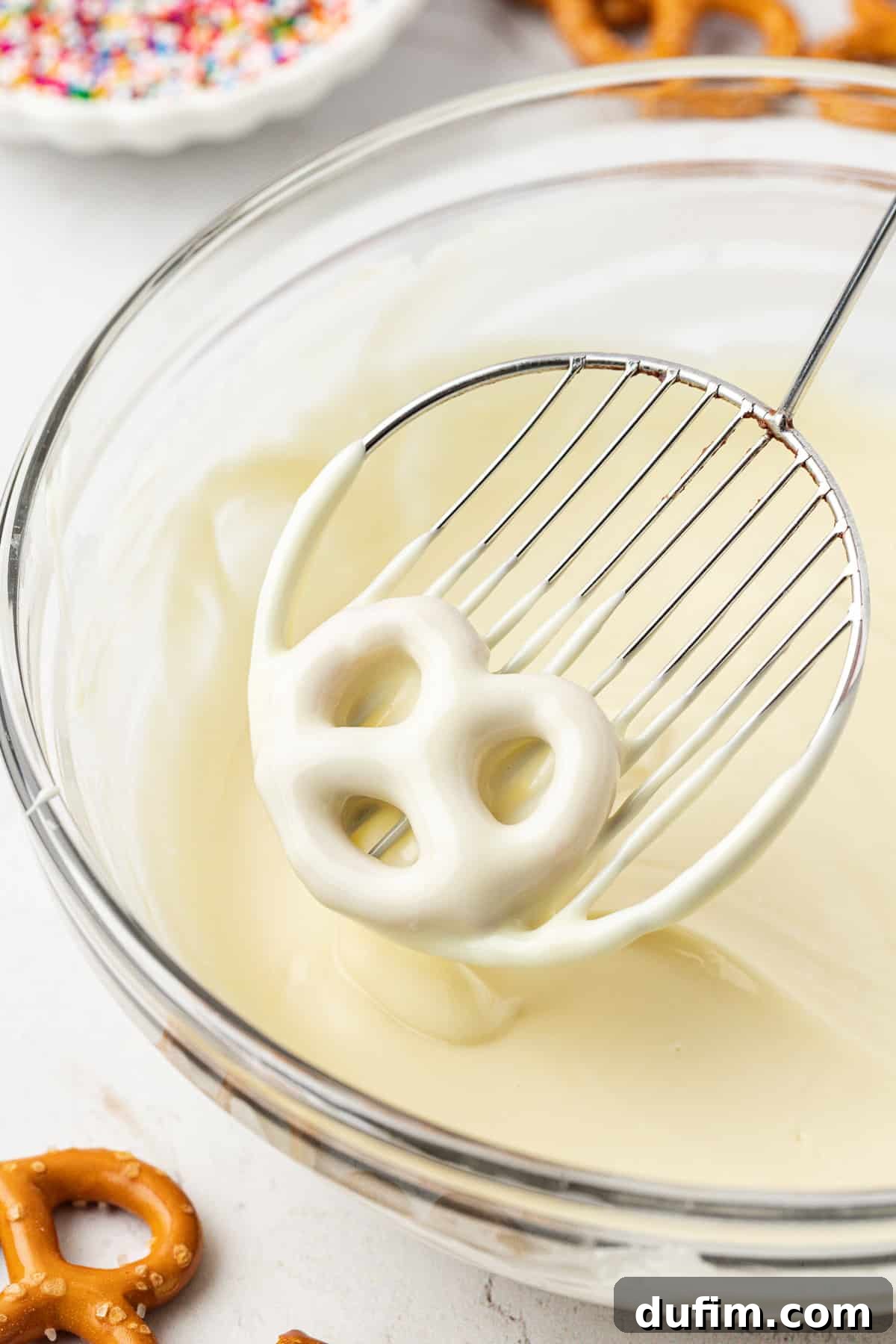 A pretzel, freshly coated in luscious white chocolate, being lifted gently from the dipping bowl. Surrounding it are more plain pretzels and a vibrant bowl of rainbow sprinkles, ready for adornment.
