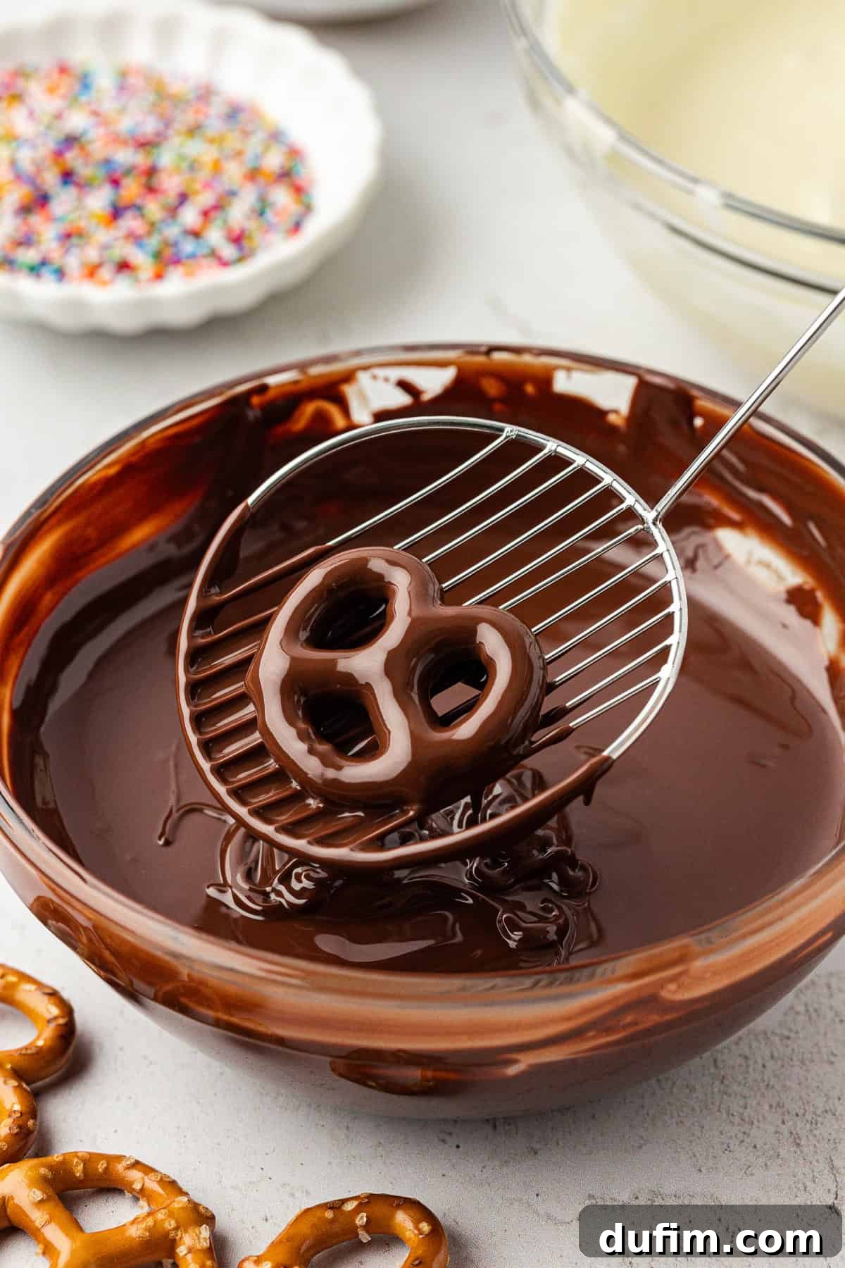 A dark chocolate covered pretzel being carefully lifted from a clear glass bowl of melted chocolate. In the background, there are plain pretzels, a bowl of colorful rainbow sprinkles, and a bowl of melted white chocolate.