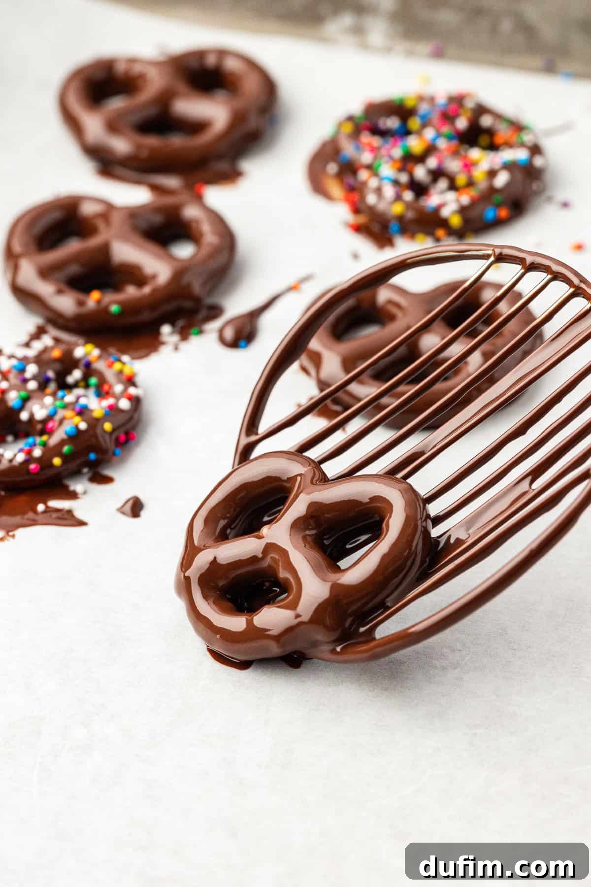 A newly chocolate-coated pretzel being placed onto a prepared baking sheet, joining other chocolate covered pretzels, two of which are already adorned with rainbow sprinkles, creating a colorful scene.