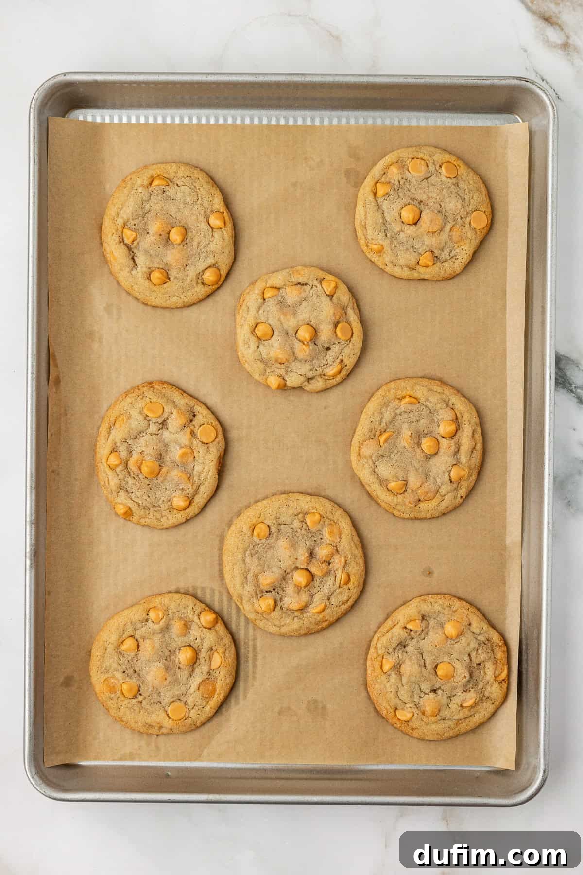 Sweet Butterscotch Chip Delights 14 Overhead view of freshly baked butterscotch cookies cooling on the same baking sheet lined with parchment paper, showcasing their golden-brown edges and soft centers.