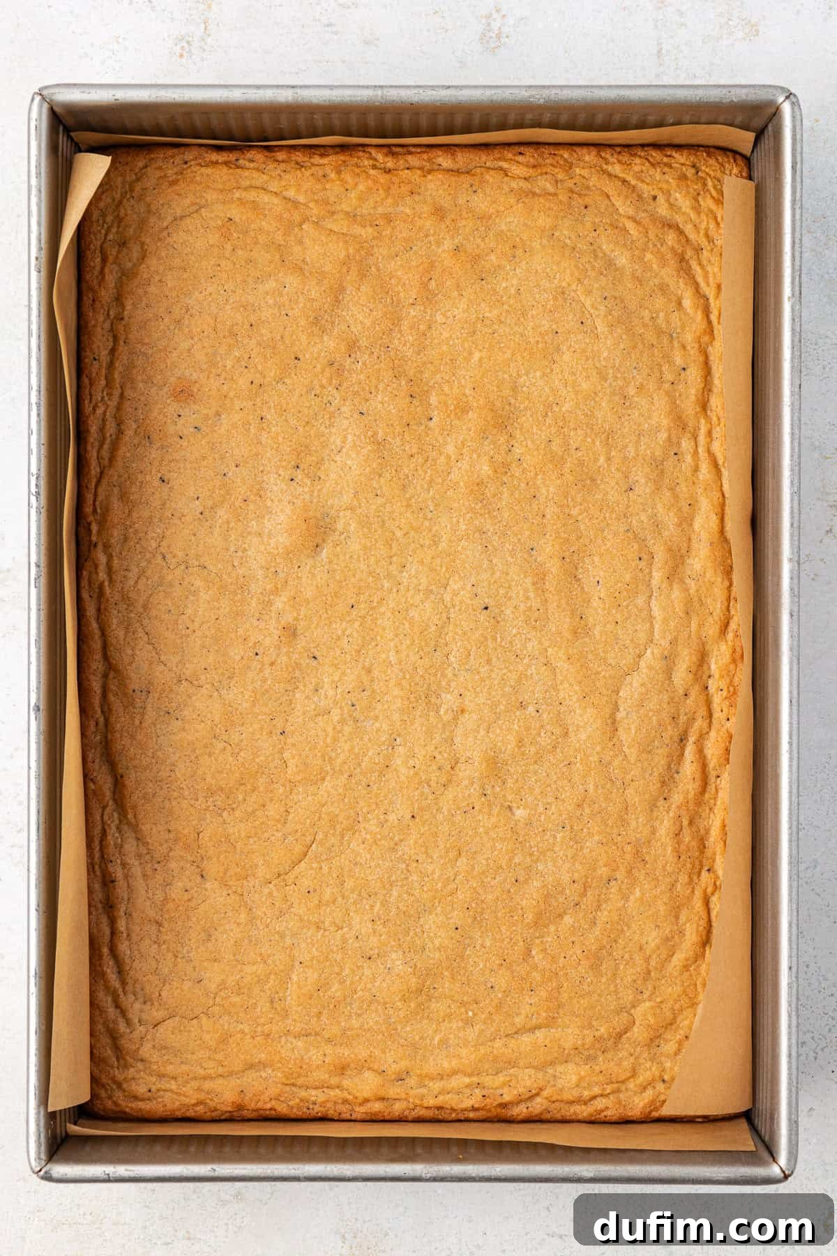 Golden Blondie Bars 14 A freshly baked batch of golden-brown blondies still in their parchment-lined metal pan, radiating warmth and readiness.