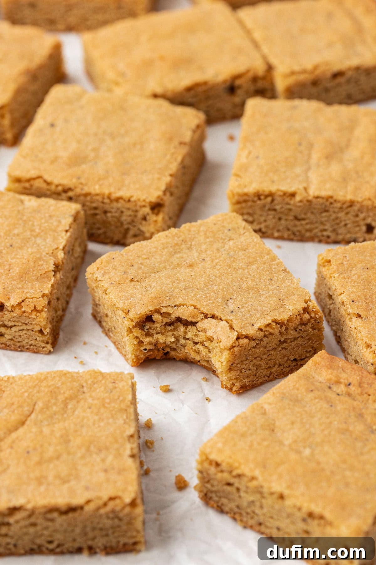 Golden Blondie Bars 7 Freshly baked blondies cut into perfect squares and casually arranged on white parchment paper, with a tempting bite missing from the center piece.