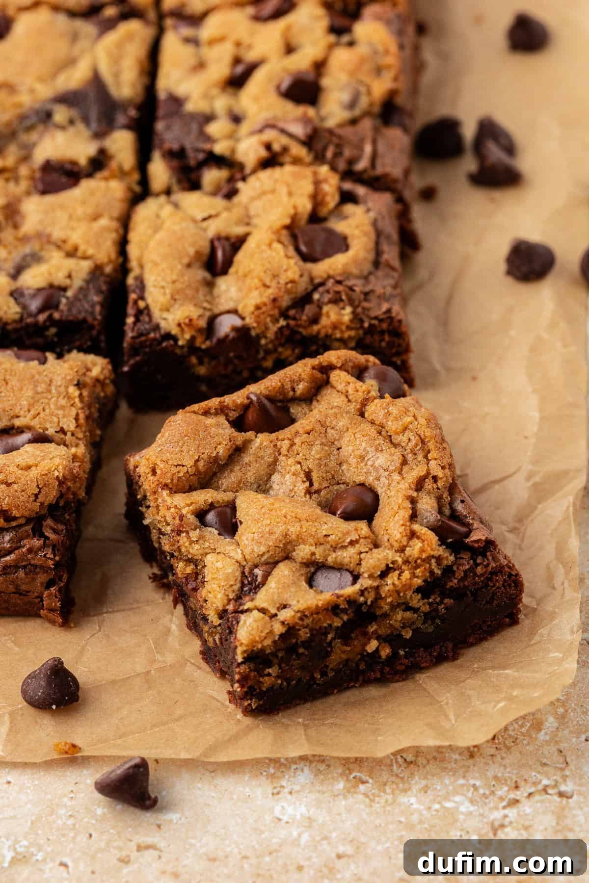 Rows of perfectly baked brookies on brown parchment paper with chocolate chips scattered around, showcasing their golden cookie tops and dark brownie bases.