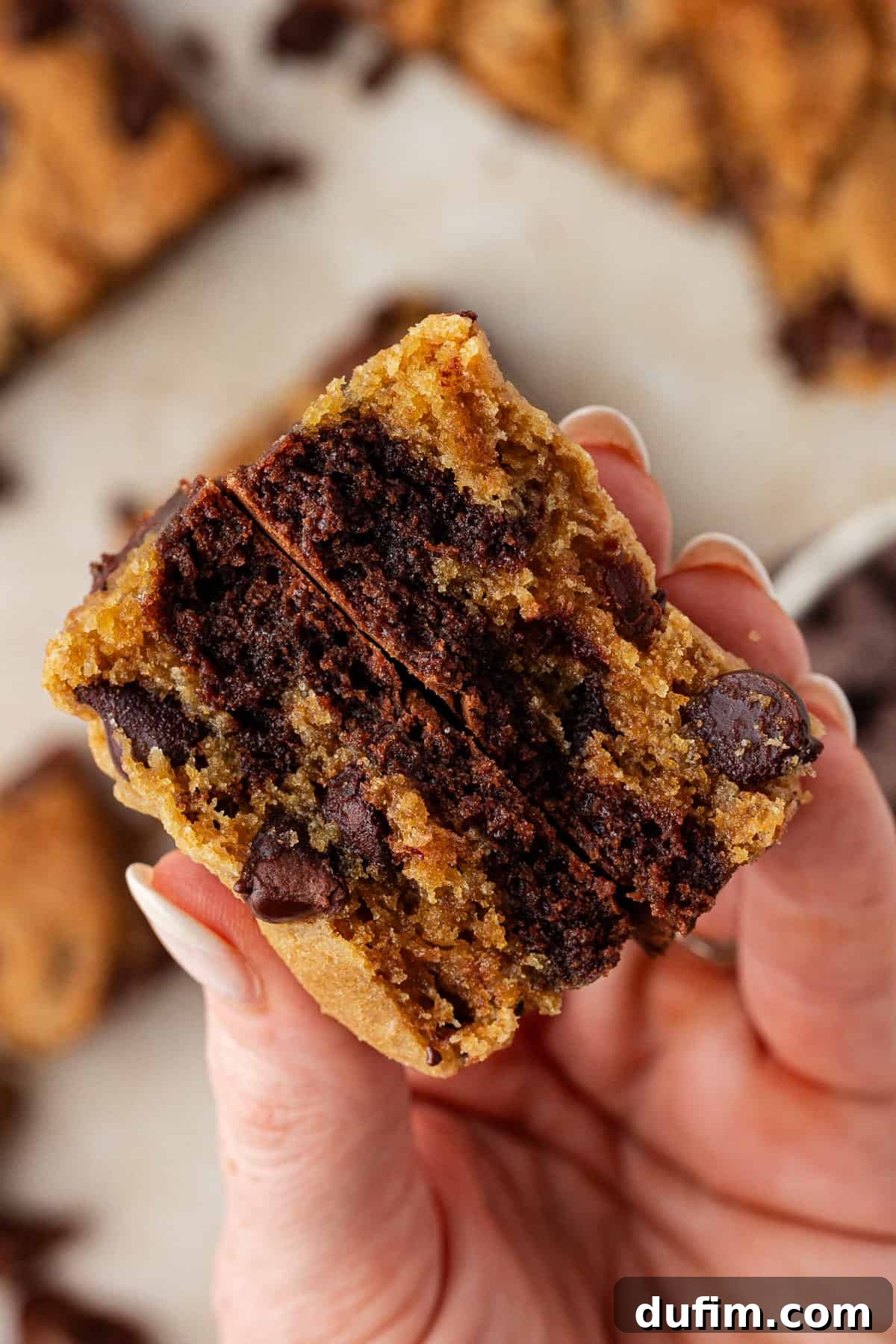 A hand holds a brookie that has been neatly split in half, clearly revealing its perfectly defined layers of rich, fudgy brownie on the bottom and chewy, golden chocolate chip cookie on top, generously speckled with melted chocolate chips, showcasing the ideal texture.