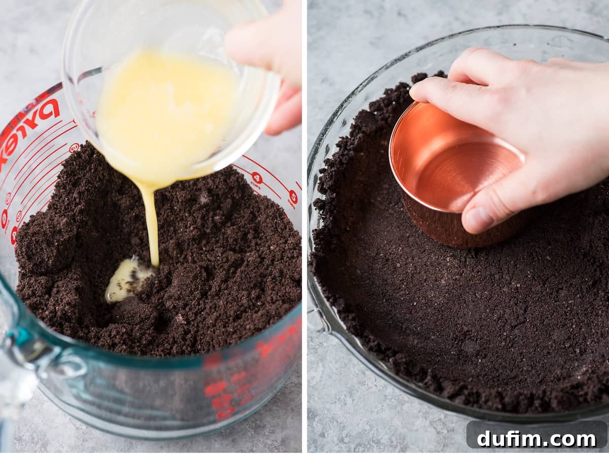A collage demonstrating the steps to make an Oreo crust, showing crushed Oreos, melted butter, and the mixture being pressed into a pie pan.