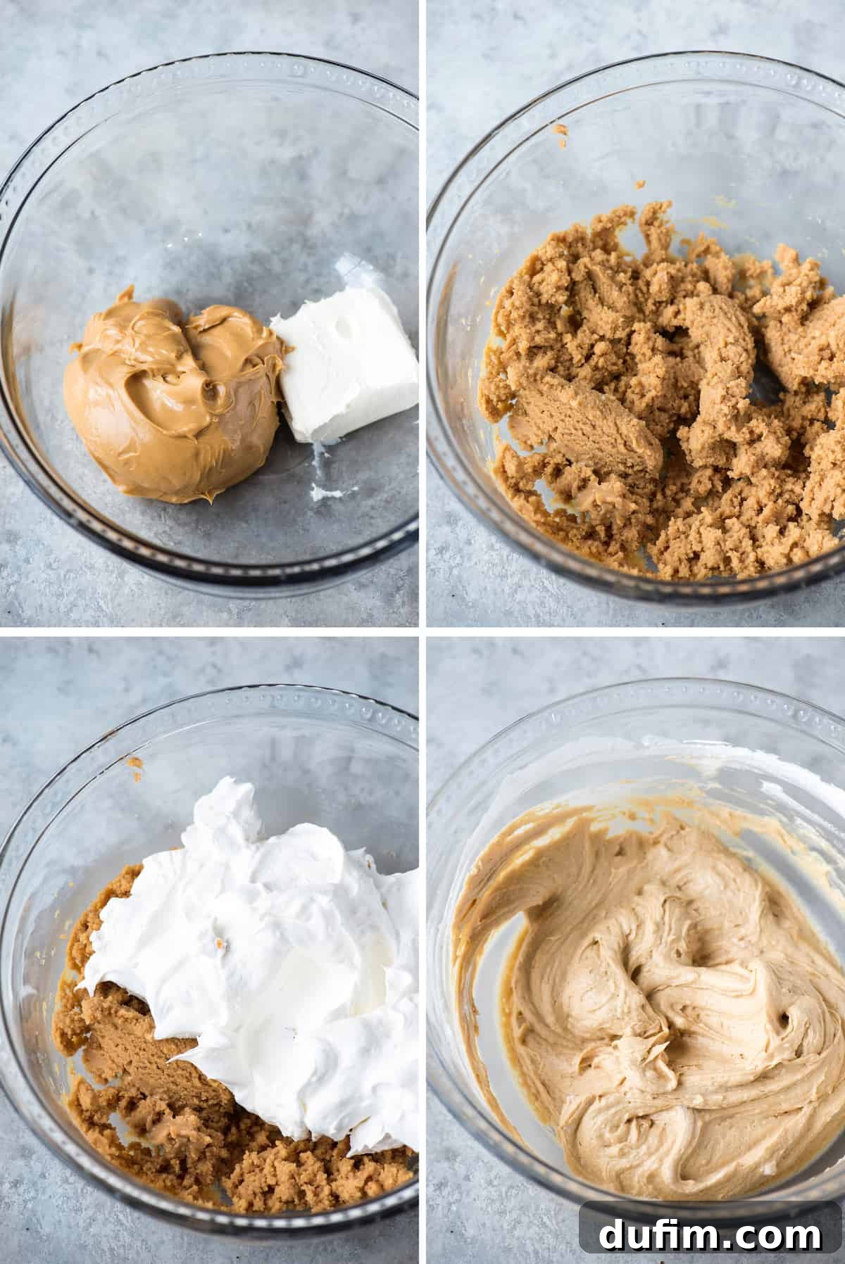 A collage showing the process of making the creamy peanut butter filling for a chocolate peanut butter pie, with steps for mixing ingredients and spreading the filling.