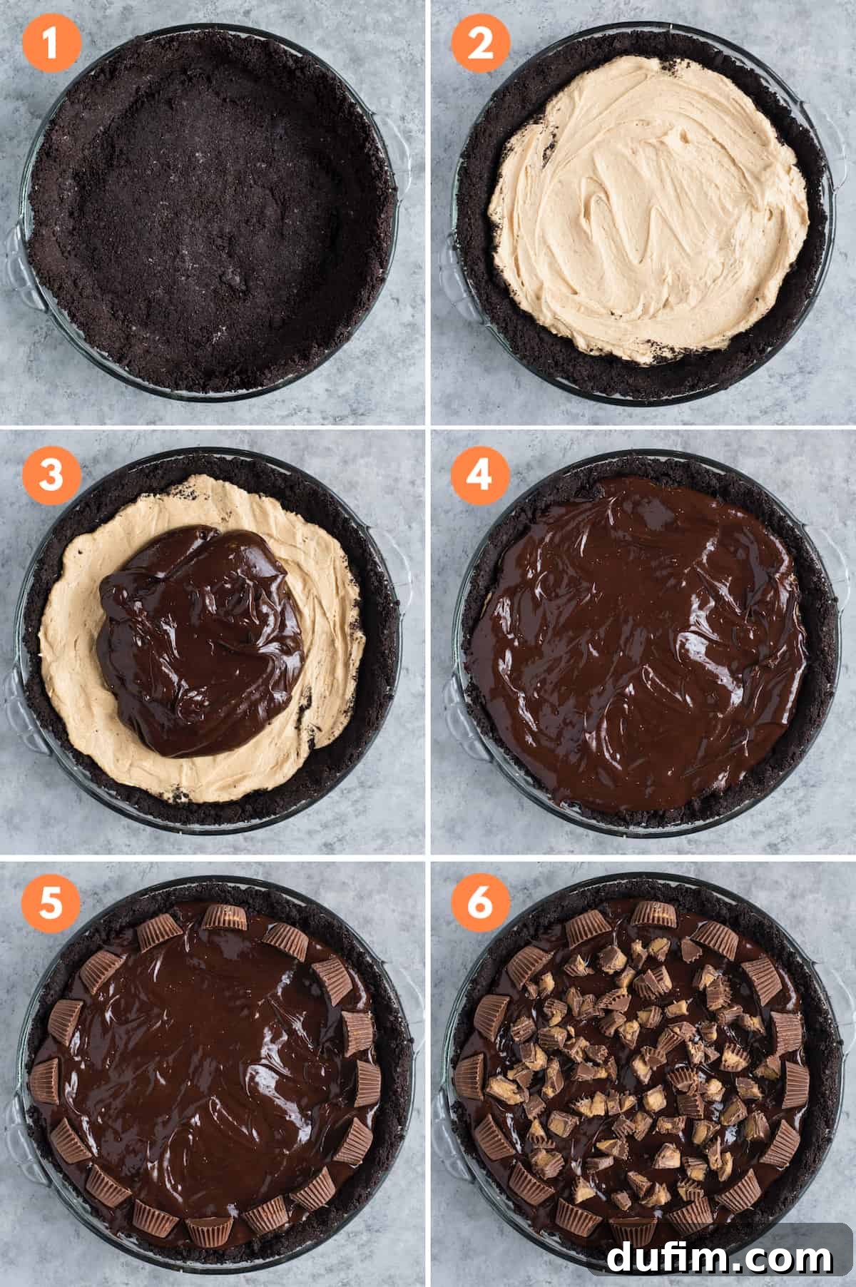 A step-by-step collage illustrating how to make chocolate ganache for a chocolate peanut butter pie, from combining ingredients to spreading the finished ganache.