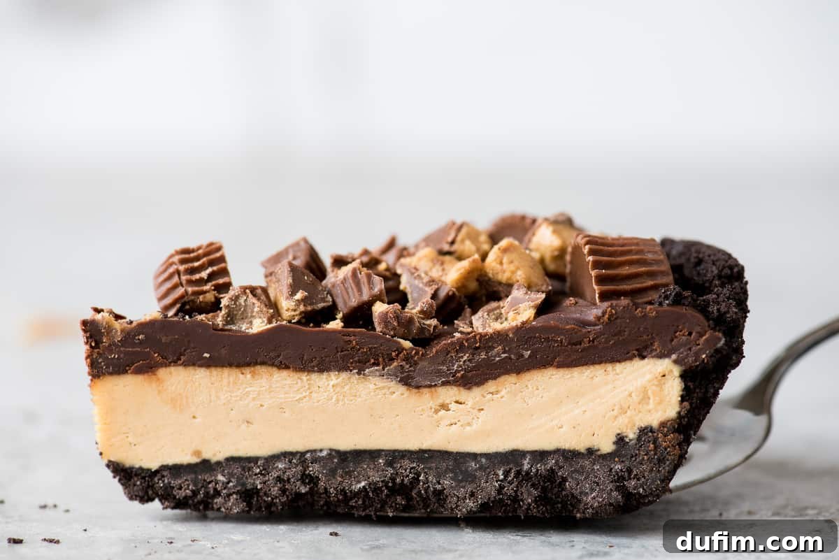 A perfectly cut piece of chocolate peanut butter pie, topped with Reese's cups, resting on a metal spatula, ready to be served.