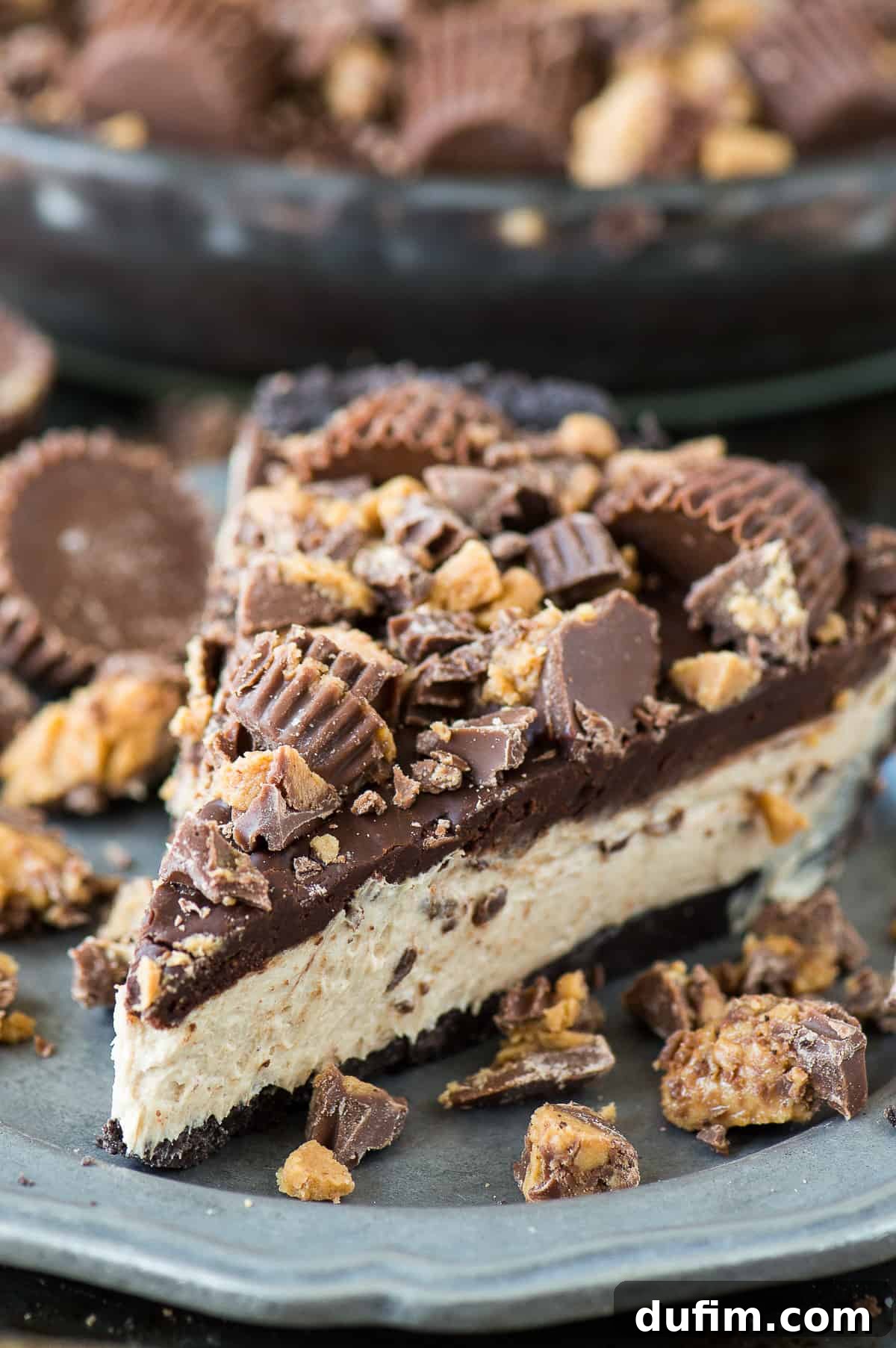 A close-up of a slice of Chocolate Peanut Butter Pie, adorned with Reese's pieces, presented on an elegant metal plate, emphasizing its rich textures and inviting appearance.
