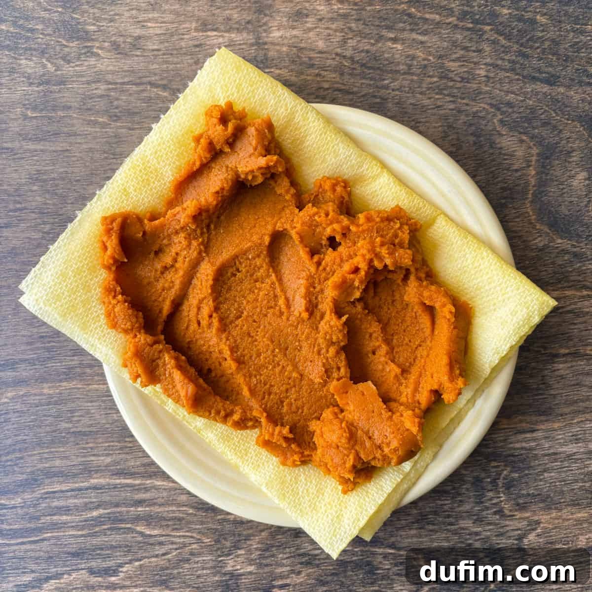 Close-up overhead view illustrating the critical step of removing excess moisture from pumpkin puree. The vibrant orange puree is spread onto multiple layers of paper towels on a plate, with additional paper towels folded over it to absorb the liquid. This technique ensures a perfect scone texture by preventing a soggy dough.