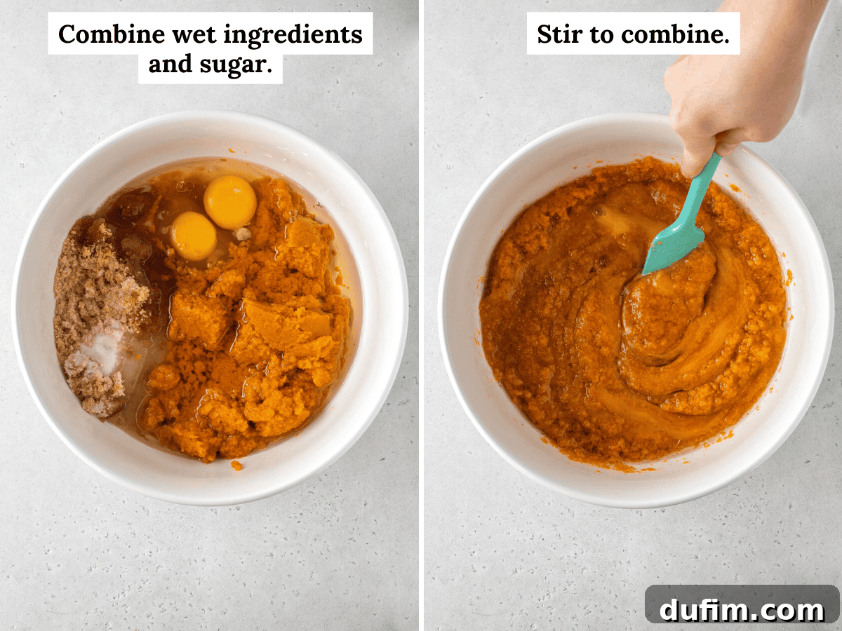 Two images side-by-side. The left image shows a white bowl containing wet ingredients and sugar for pumpkin bread, unmixed. The right image depicts the "stir to combine" step, with all wet ingredients thoroughly mixed using a teal spatula.