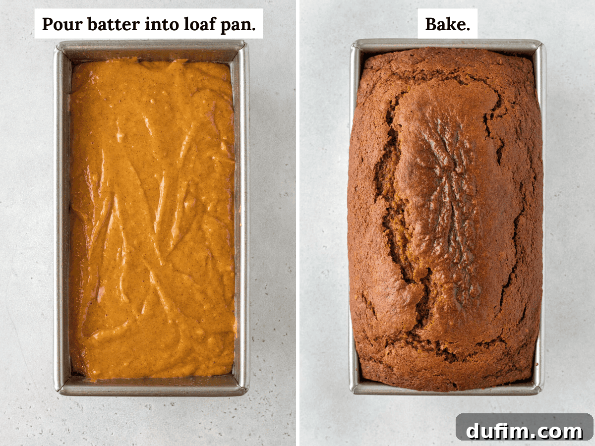 Two images displayed side-by-side. The left image shows uncooked pumpkin bread batter neatly poured into a loaf pan, ready for baking. The right image presents the same loaf pan, now holding a perfectly baked, golden-brown pumpkin bread, fresh from the oven.