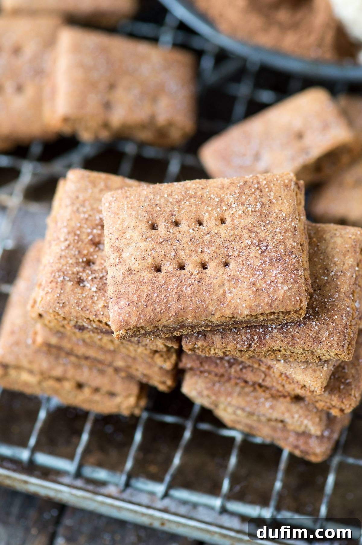 A baking sheet filled with rows of freshly cut homemade brown sugar cinnamon graham crackers, dusted with cinnamon sugar, awaiting their turn in the oven.