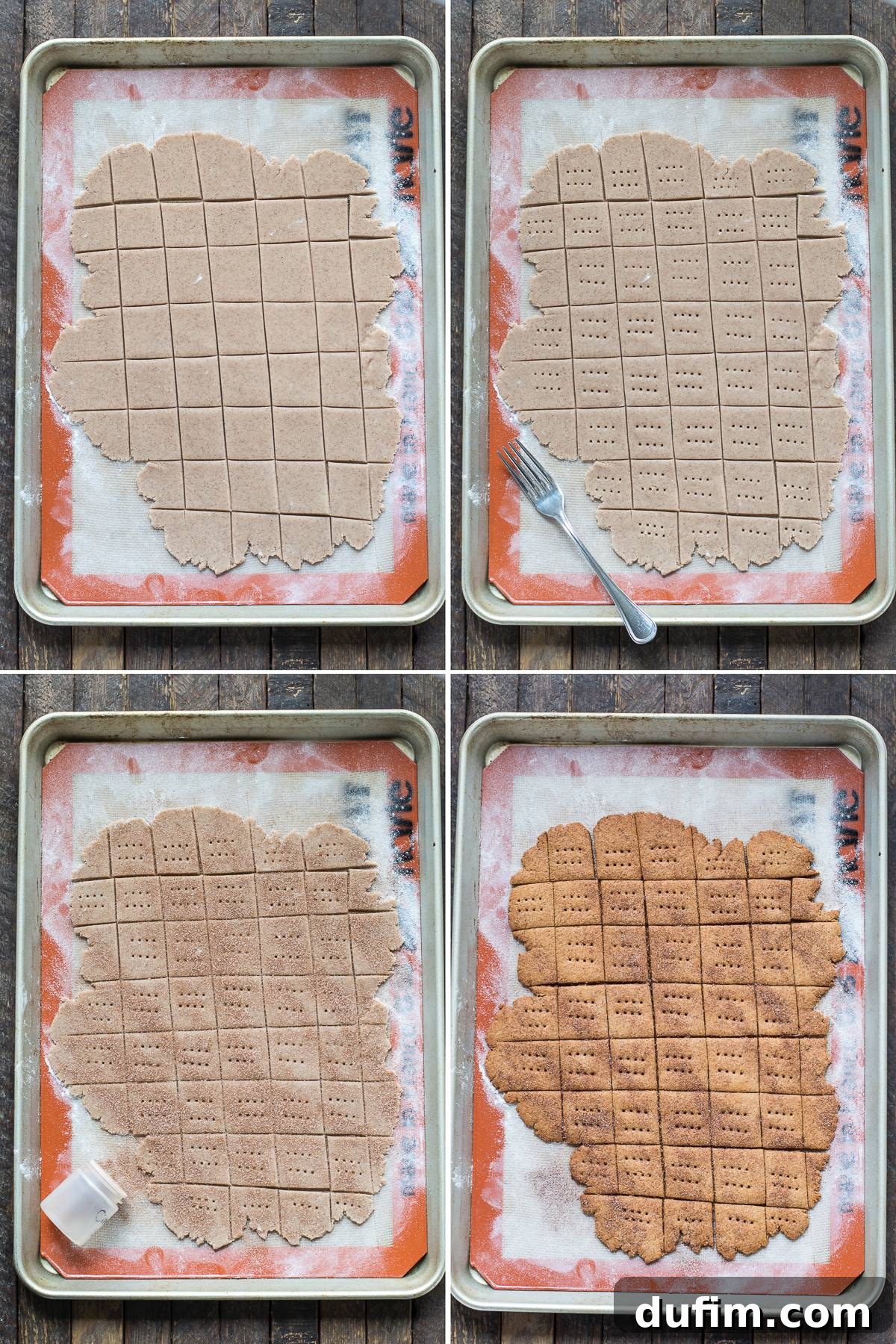 Close-up of dough being rolled out on a baking mat, showing the hands-on process of preparing homemade brown sugar cinnamon graham crackers.