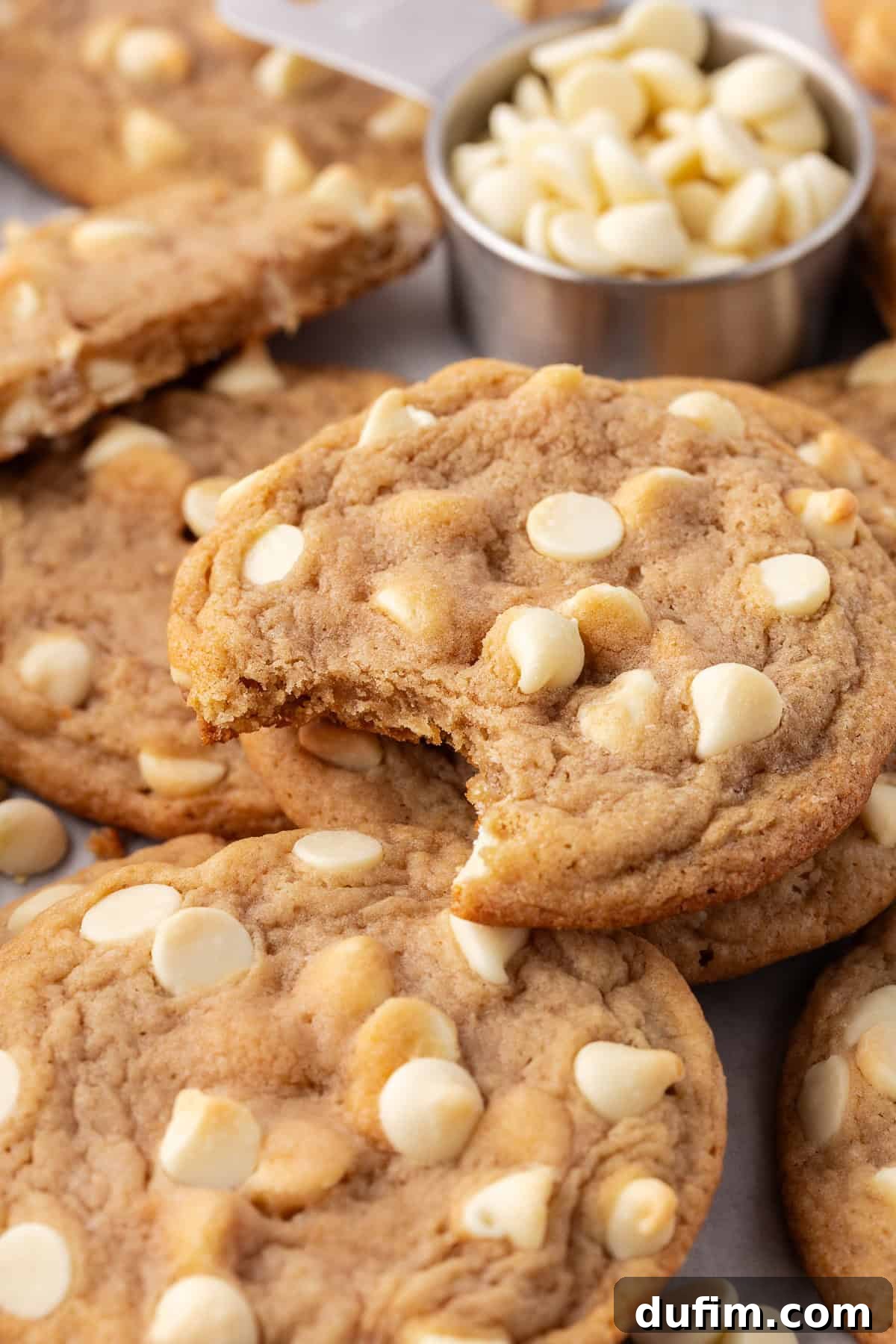 A pile of white chocolate chip cookies with a measuring cup of white chocolate chips, and a bite missing out of the top cookie