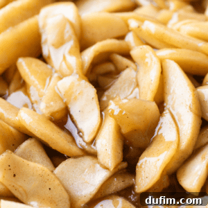 Close up of perfectly cooked apple pie filling, showcasing tender apple chunks and rich, glossy syrup.