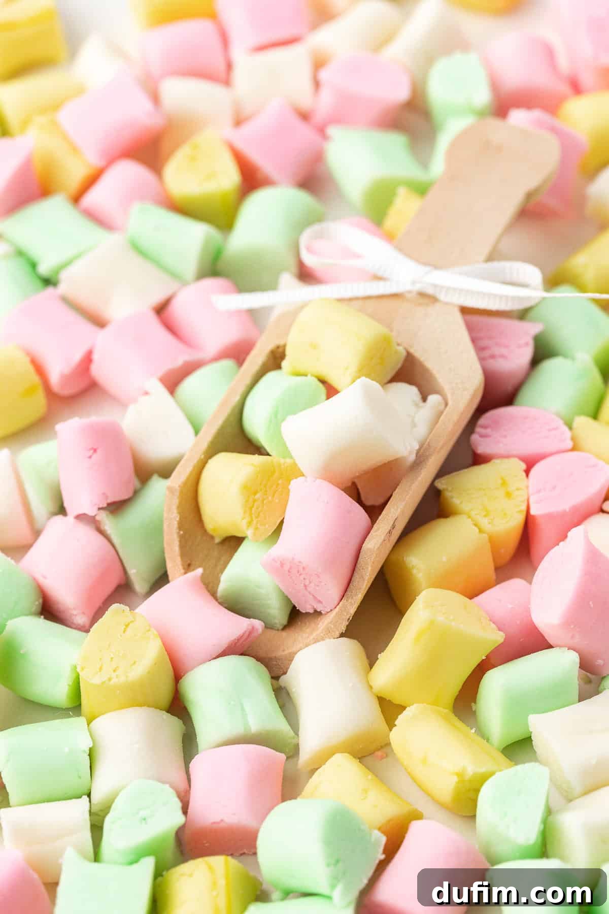 Melt-In-Your-Mouth Butter Mints 3 A charming pile of pink, white, green, and yellow butter mints, with a small wooden scoop adorned with a white bow nestled in the center, overflowing with more mints.