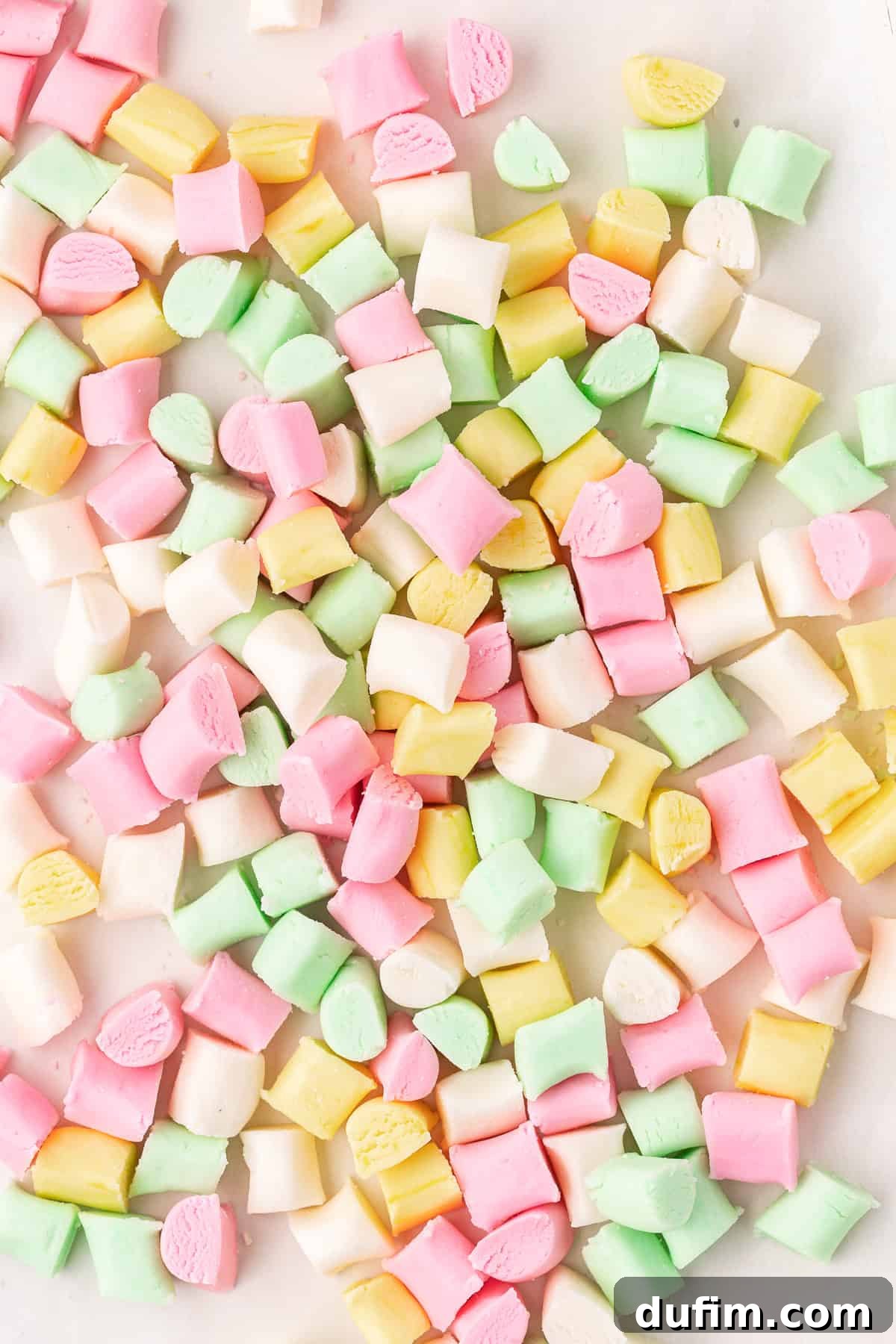 Melt-In-Your-Mouth Butter Mints 4 An overhead view showcasing a generous pile of pink, yellow, green, and white butter mints, with additional mints artfully scattered around.