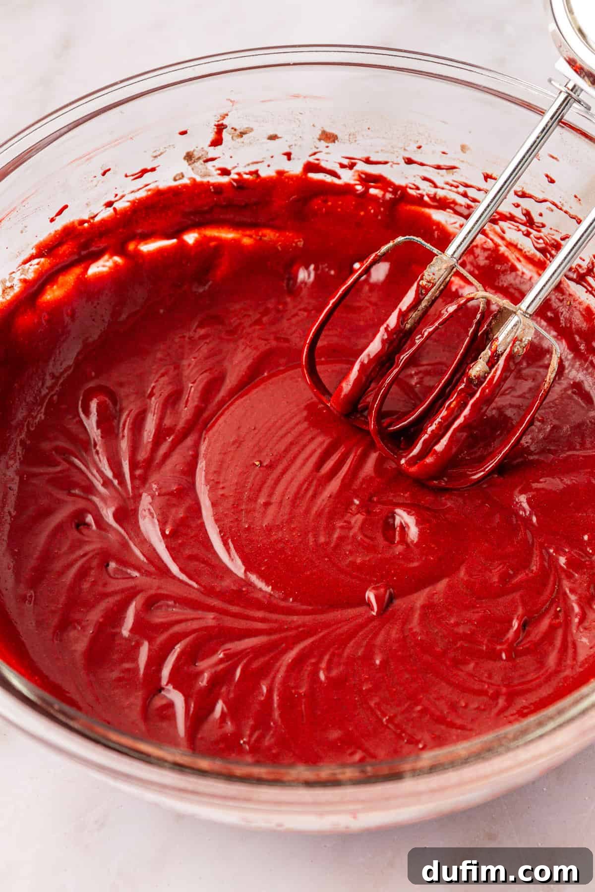 brownie batter in a clear glass mixing bowl with an electric mixer leaning on the side