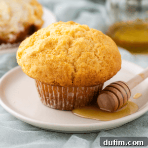A golden-brown muffin sits on a white plate, accompanied by a honey dipper with honey pooling beside it. The background features a soft, light blue fabric and a blurred second plate and glass jar.