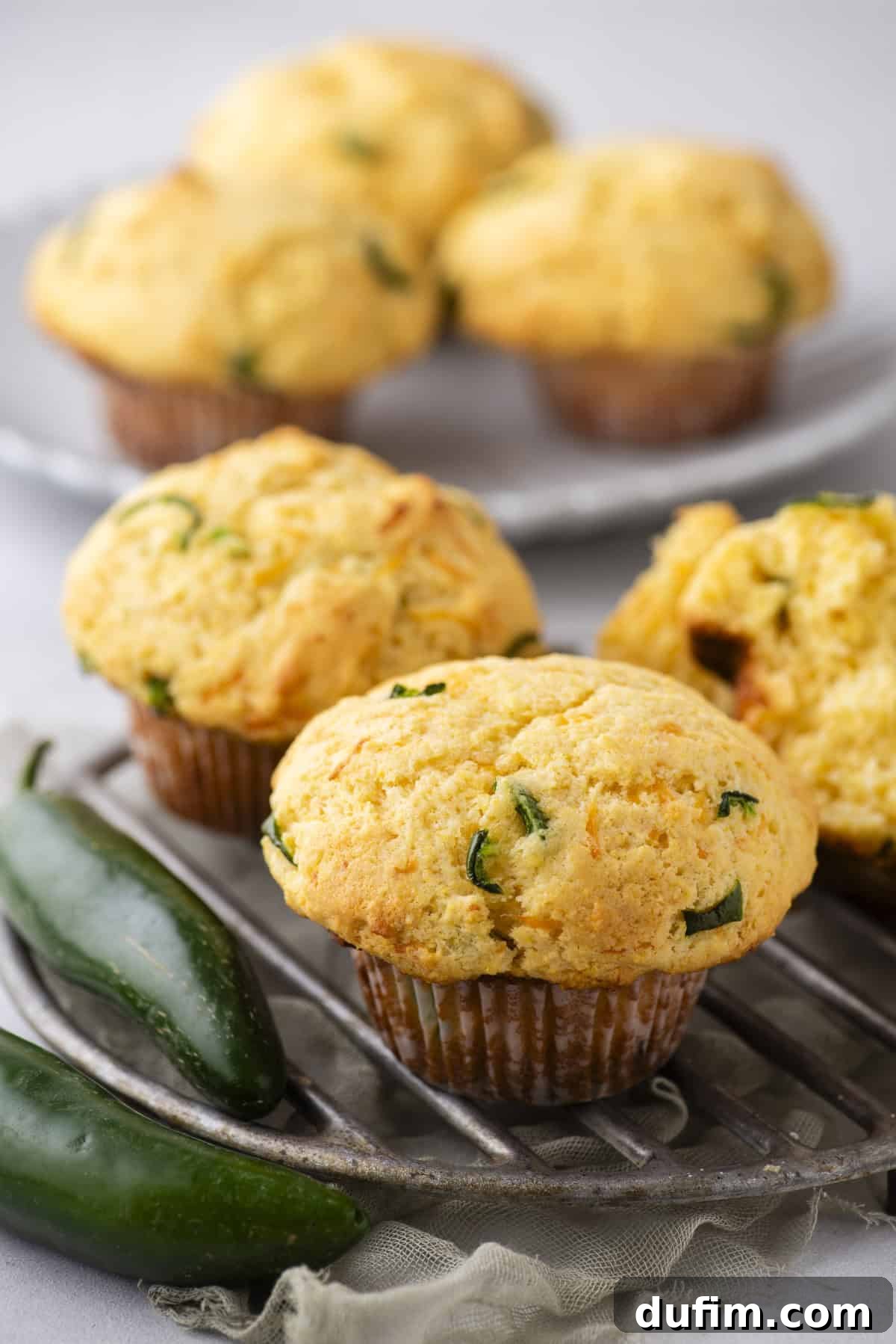 Close-up of freshly baked corn muffins with jalapeño slices on a cooling rack. Two green jalapeños rest nearby. A blurred plate with more muffins is visible in the background.