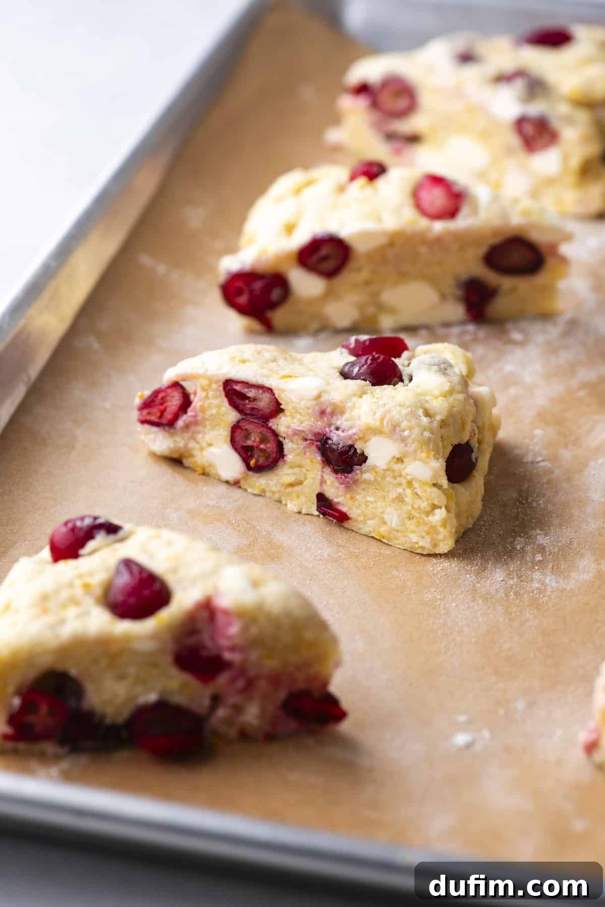 Zesty Cranberry Orange Scones 15 A close-up view of unbaked scone wedges on a baking sheet lined with parchment paper. Each triangular scone is generously studded with vibrant cranberries, and small flecks of cold butter are clearly visible throughout the dough, promising a flaky texture. The rustic, homemade charm is evident in their pre-baked state.