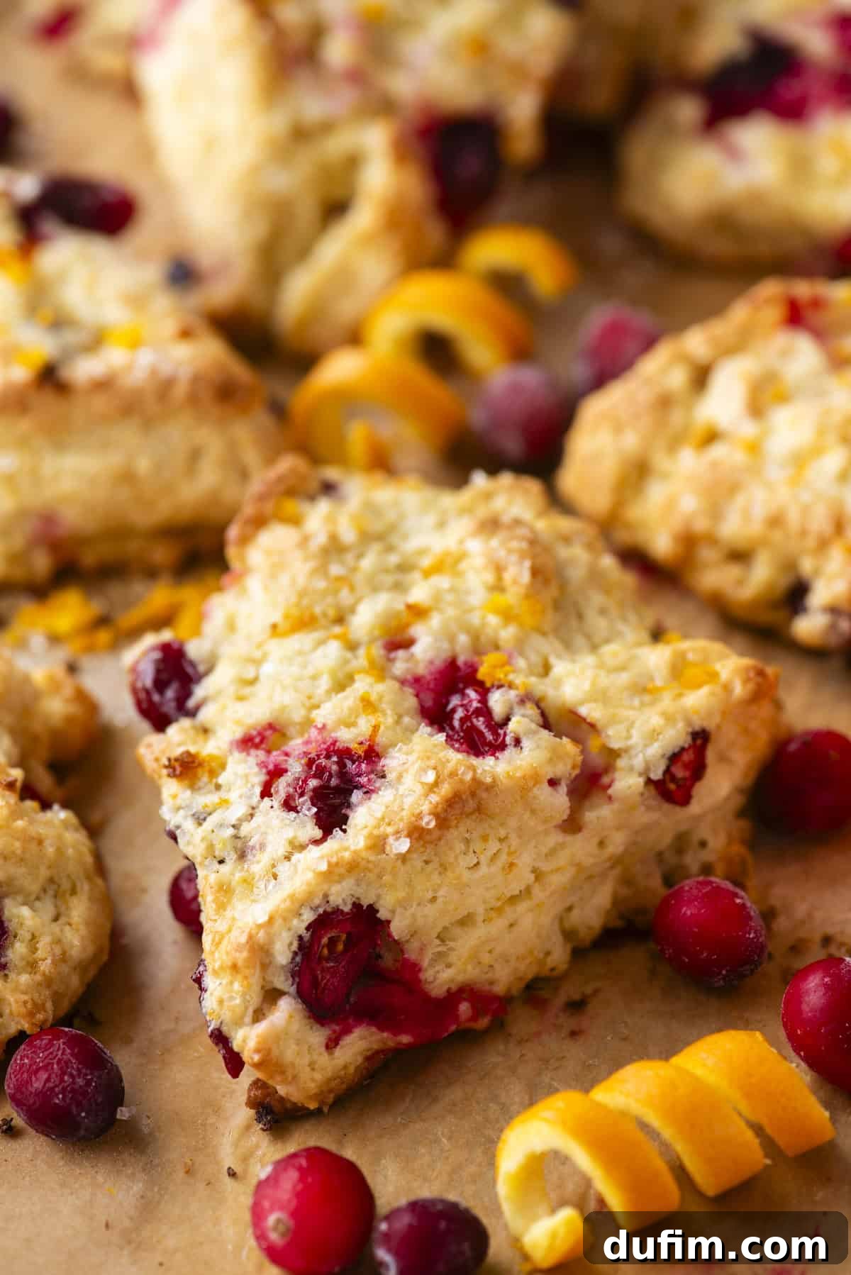 Zesty Cranberry Orange Scones 16 A close-up of beautifully baked cranberry-orange scones resting on parchment paper. The scones are golden-brown and reveal inviting pockets of bright red cranberry pieces within their flaky texture. Delicate curls of orange zest and whole fresh cranberries are scattered artfully around the scones, adding both color and textural appeal to the presentation.