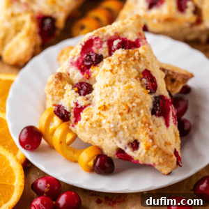 Cranberry orange scones on a white plate, garnished with sugar crystals. The scones are surrounded by fresh cranberries and orange peels, with orange slices nearby, creating a vibrant, colorful presentation.