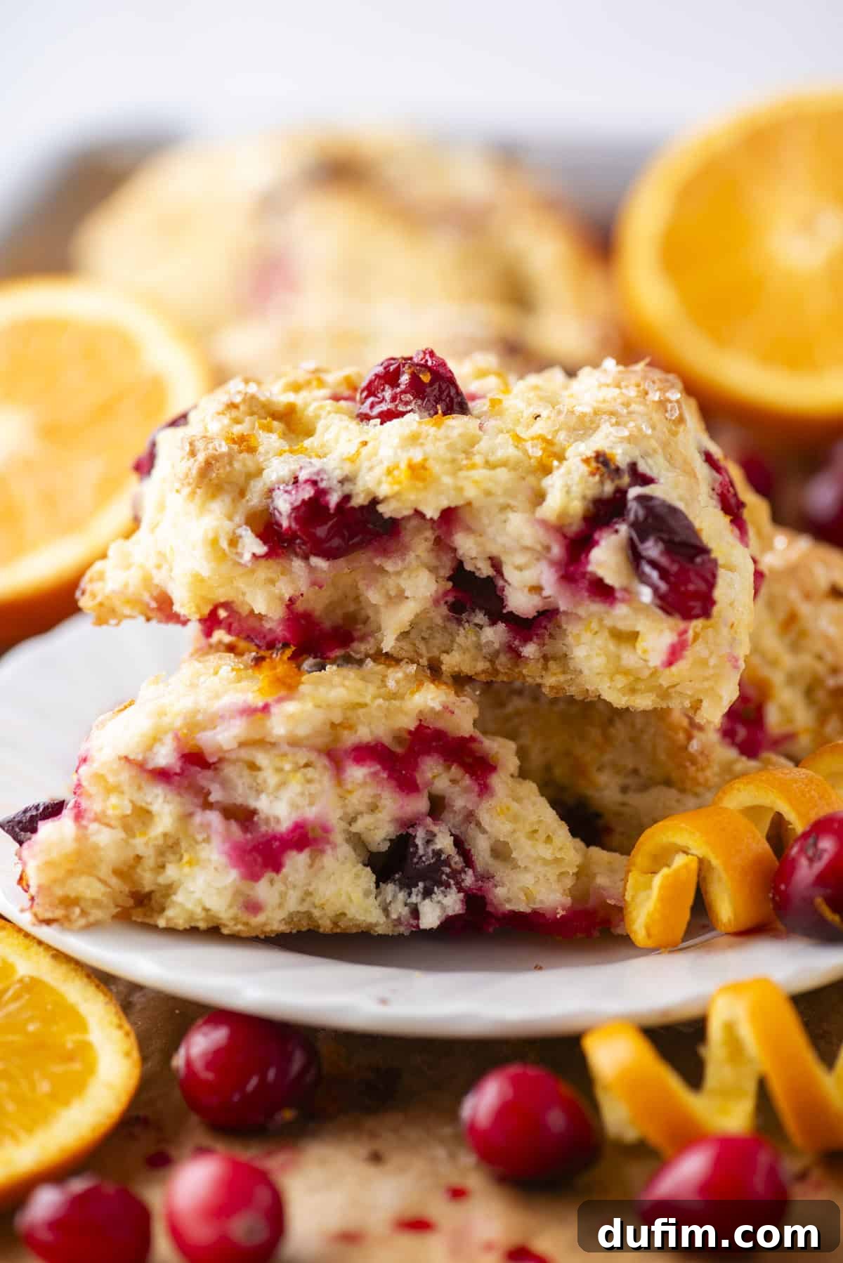 Zesty Cranberry Orange Scones 5 A close-up view of two beautifully baked cranberry orange scones resting on a crisp white plate. The scones are a light golden-brown, delicately dusted with powdered sugar, and reveal visible pieces of bright red cranberries. The plate is charmingly garnished with fresh orange slices and aromatic orange zest curls, enhancing the vibrant and appealing presentation.