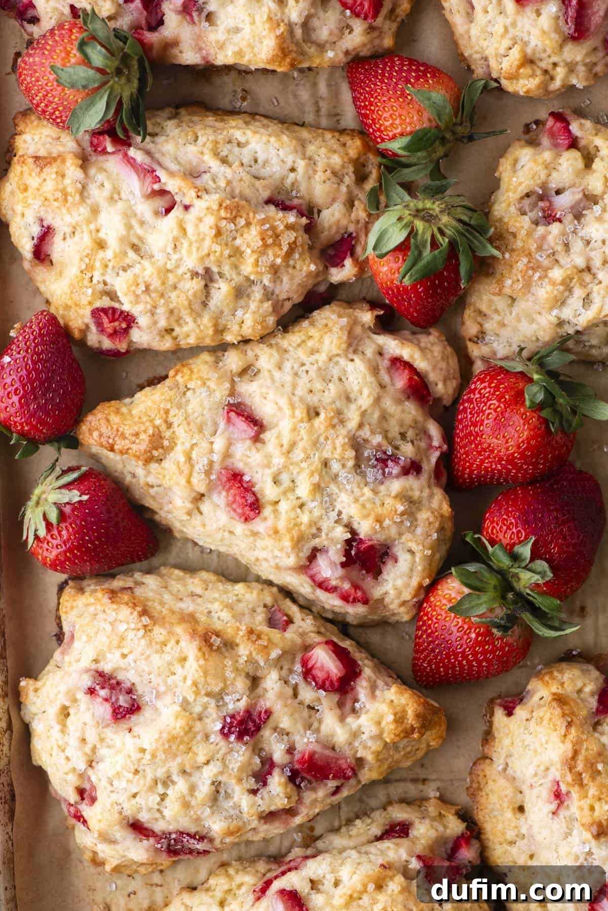 Juicy Strawberry Scones 2 Freshly baked strawberry scones are arranged on parchment paper, accompanied by whole strawberries. The scones are golden brown with visible strawberry pieces, and a light sugar glaze on top adds a glistening touch.
