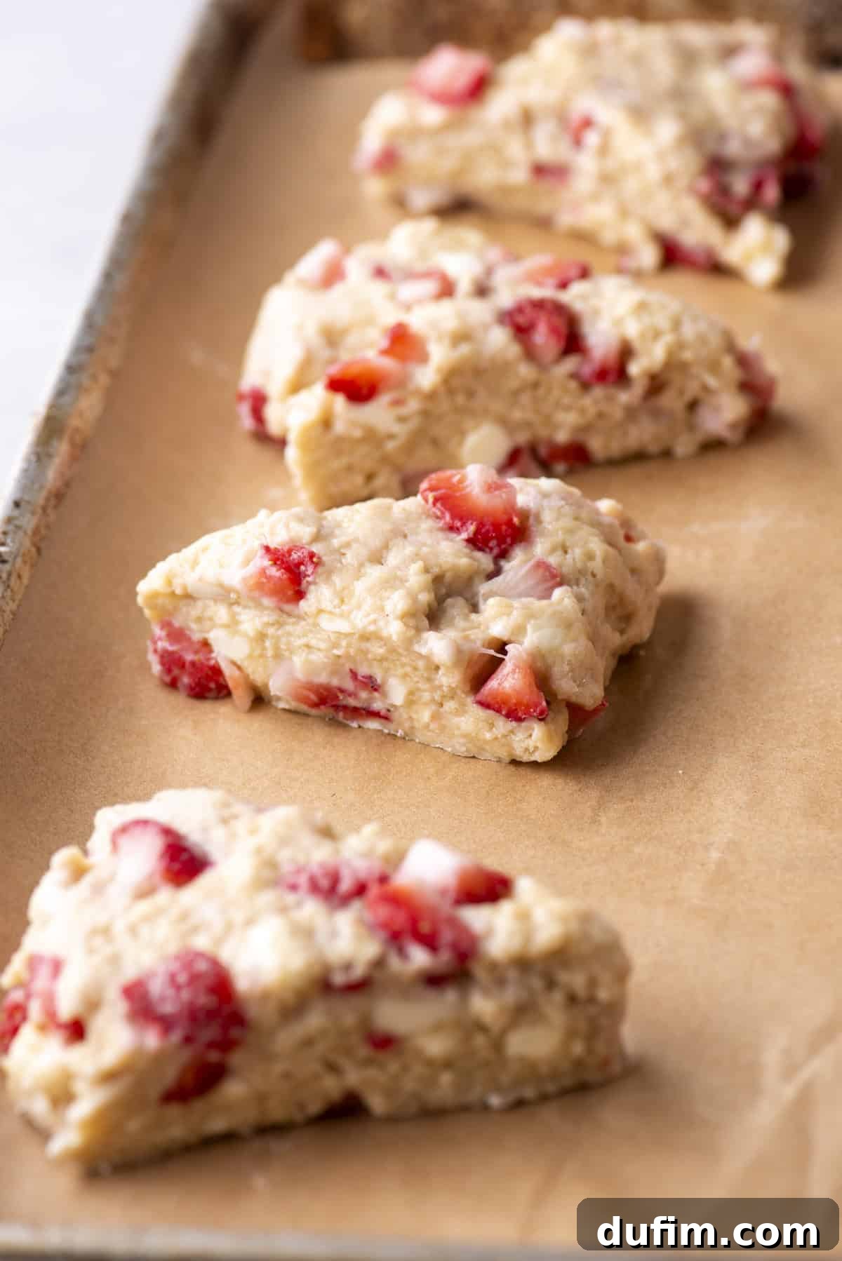 Juicy Strawberry Scones 17 Unbaked strawberry scones arranged on a parchment-lined baking sheet. The scones are triangular and filled with visible strawberry chunks, ready to be baked.