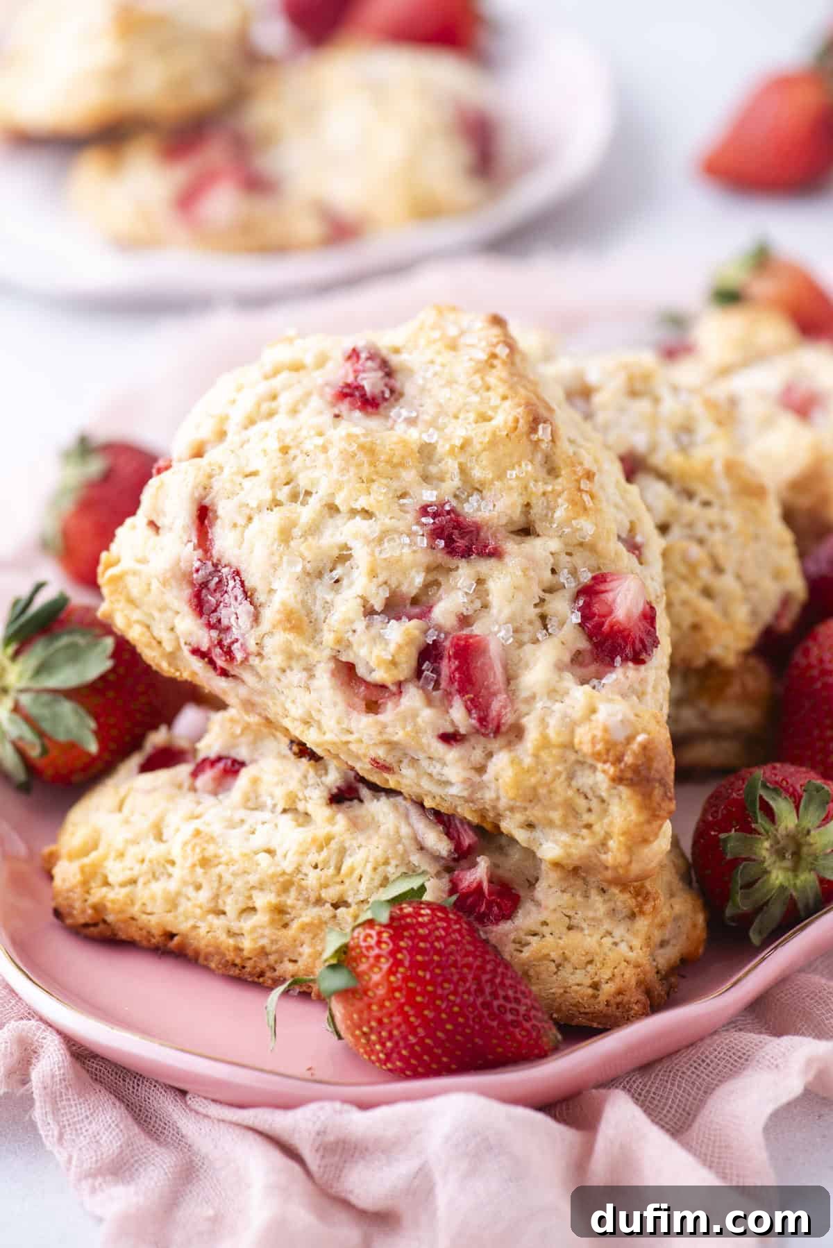 Juicy Strawberry Scones 19 Close-up of two scones studded with fresh strawberries, stacked on a pink plate. More strawberries and additional scones are in the background. The scones are golden-brown with a flaky texture. A soft pink cloth partially covers the surface.