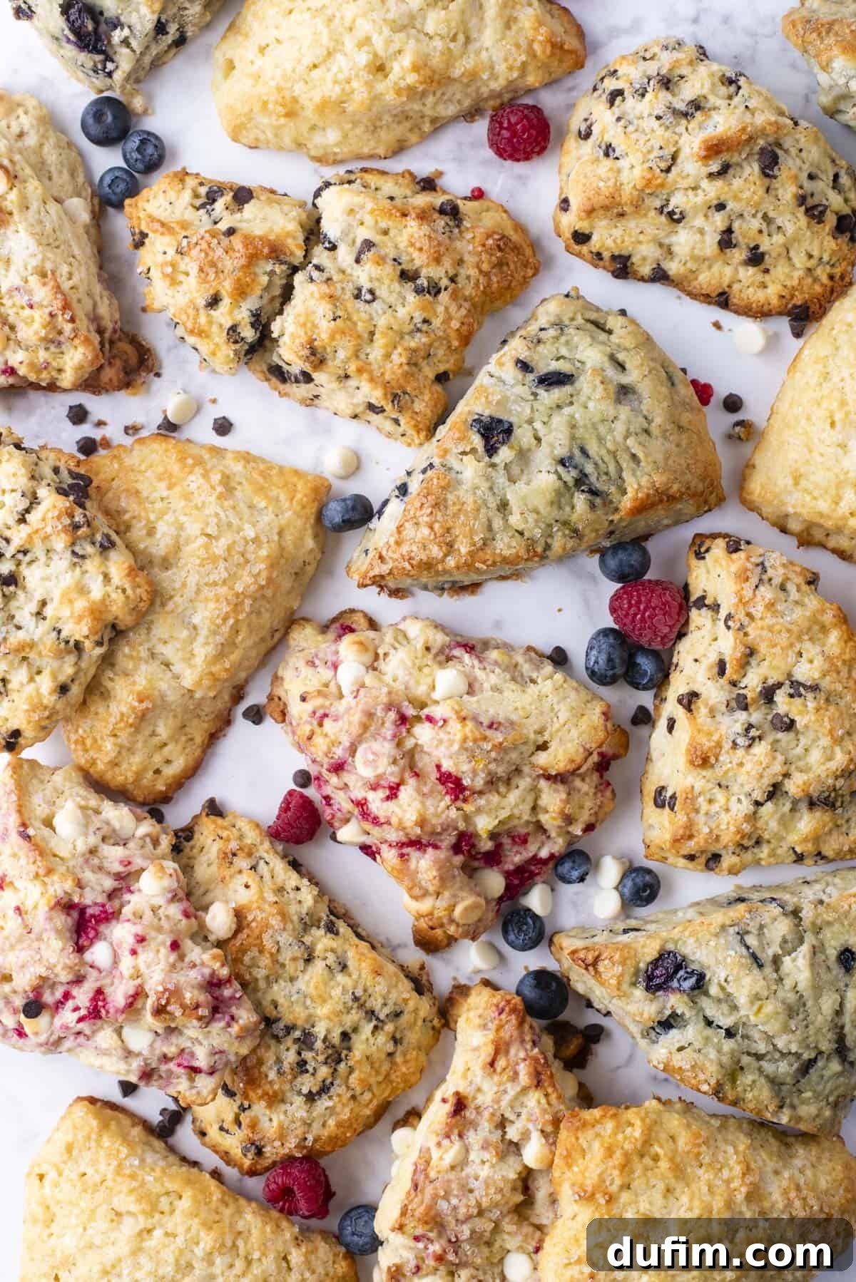 An assortment of tall, flaky gluten-free scones on a white surface, featuring chocolate chip, raspberry, blueberry, and white chocolate chip varieties. This appetizing display showcases the recipe's success in creating bakery-style gluten-free treats.