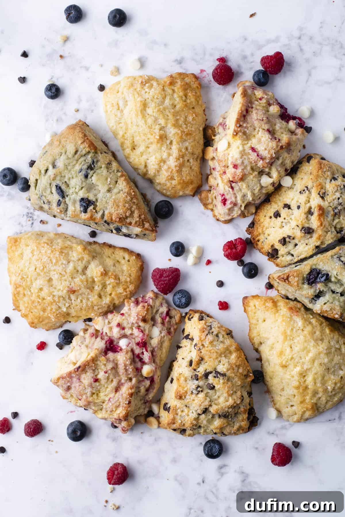 An inviting arrangement of freshly baked gluten-free scones on a marble surface, showcasing blueberry, raspberry, and white chocolate chip varieties. Scattered fresh berries and white chocolate chips add a colorful, appetizing touch.