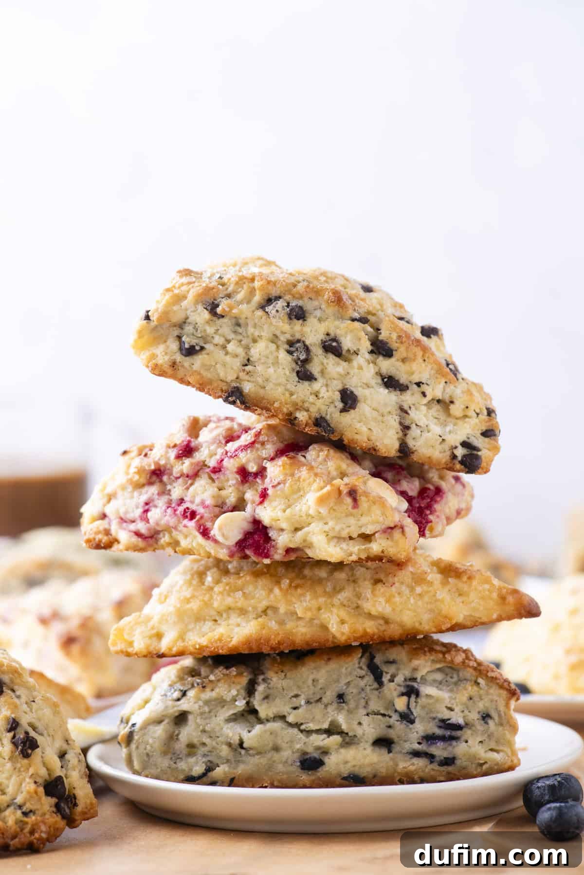 A beautifully stacked plate of three gluten-free scones: the top featuring chocolate chips, the middle with raspberries and white chocolate, and the bottom with blueberries. Additional blurred scones and a coffee cup enhance the bakery-style presentation.