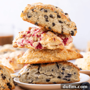 A stack of three triangular gluten-free scones on a plate. The top scone has chocolate chips, the middle one has raspberries, and the bottom scone contains blueberries, representing the diverse flavors of this recipe.
