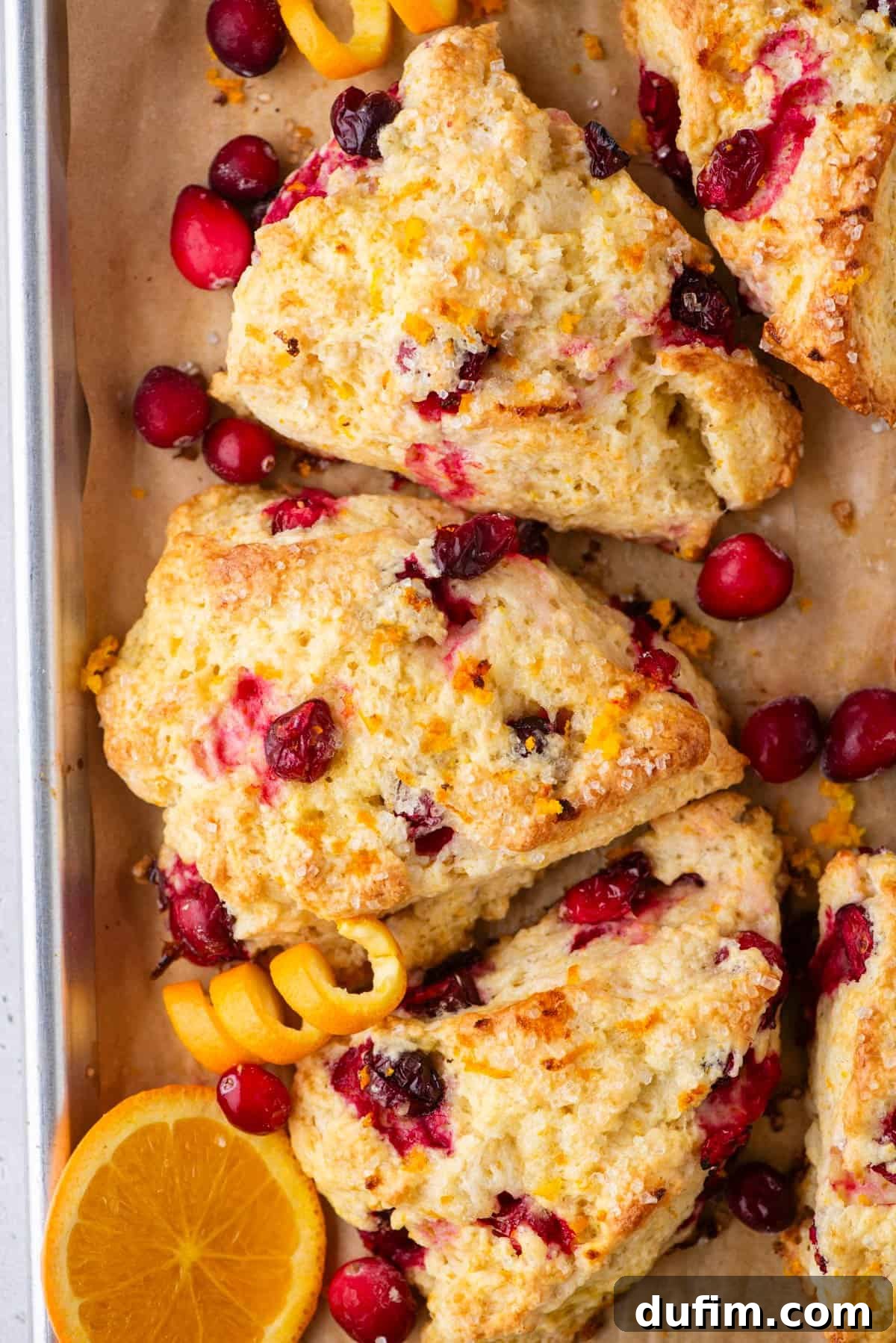 Close-up of freshly baked cranberry orange gluten-free scones on parchment paper, showing their golden, crumbly texture with vibrant red cranberries and orange zest. Sliced oranges and scattered cranberries enhance the inviting scene.