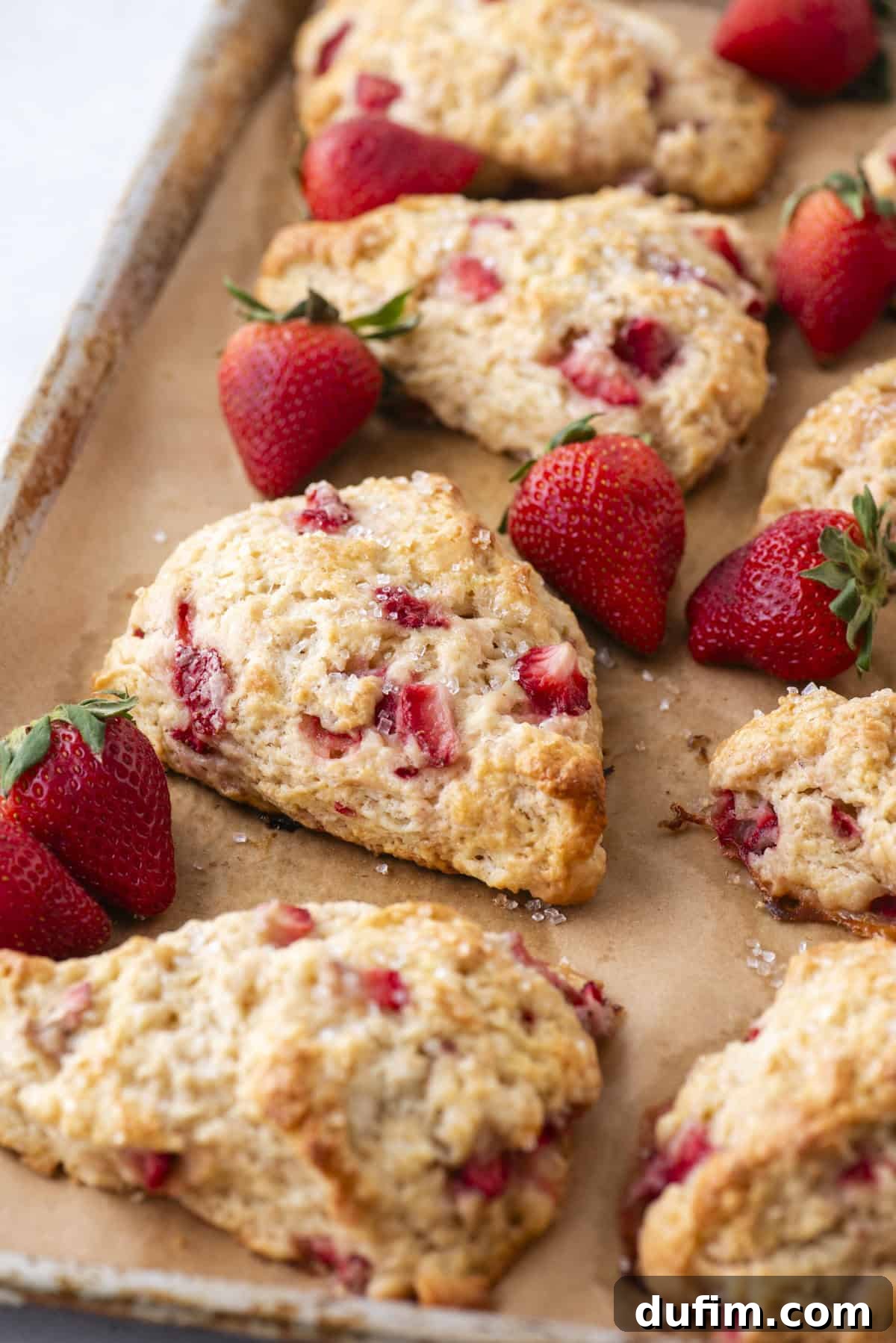Gluten-free strawberry scones arranged on a parchment-lined baking sheet, surrounded by fresh strawberries. The scones are golden brown, showing visible pieces of fruit, and lightly sprinkled with sugar.