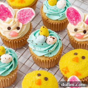 A variety of Easter-themed cupcakes on a wire rack, decorated as chicks with yellow icing, bunnies with pink ears, and some with blue swirled frosting topped with candy eggs.