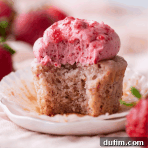 A partially eaten strawberry cupcake with pink strawberry frosting sits on a small white plate, surrounded by fresh strawberries. The cupcake’s liner is peeled back, revealing its moist, textured interior.
