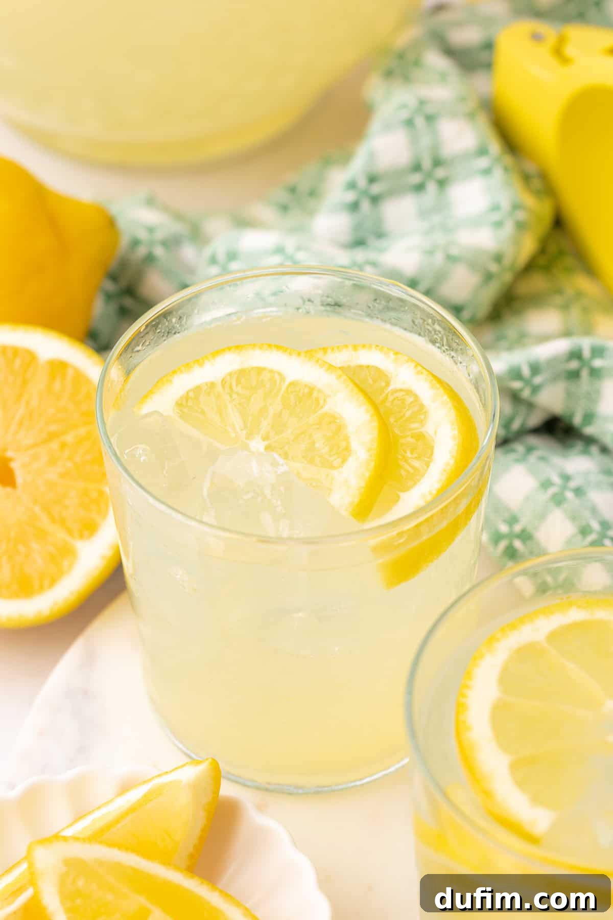 Homemade Lemonade Perfection 10 A glass of lemonade with ice and lemon slices, surrounded by more lemon wedges and a green checkered cloth in the background.