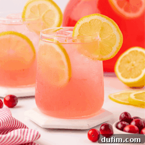 Your Guide to Perfect Homemade Pink Lemonade 15 A glass of pink lemonade with ice and lemon slices, garnished with a lemon wheel. Cranberries and lemon slices are nearby, with another glass and a large pitcher in the background.