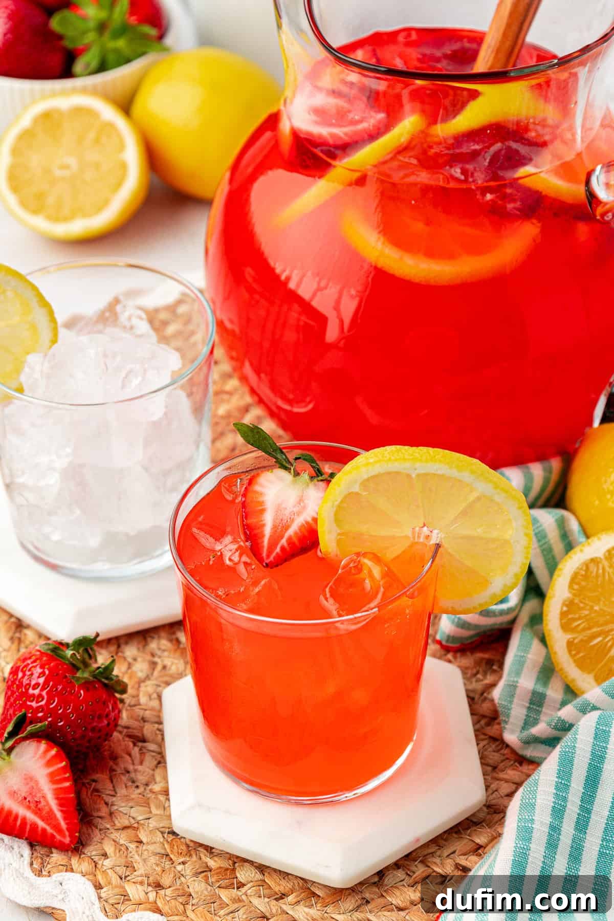 A vibrant glass of strawberry lemonade with ice, garnished with a fresh lemon slice and a whole strawberry. A pitcher of the same refreshing drink and scattered fresh lemons and strawberries complete the inviting scene.