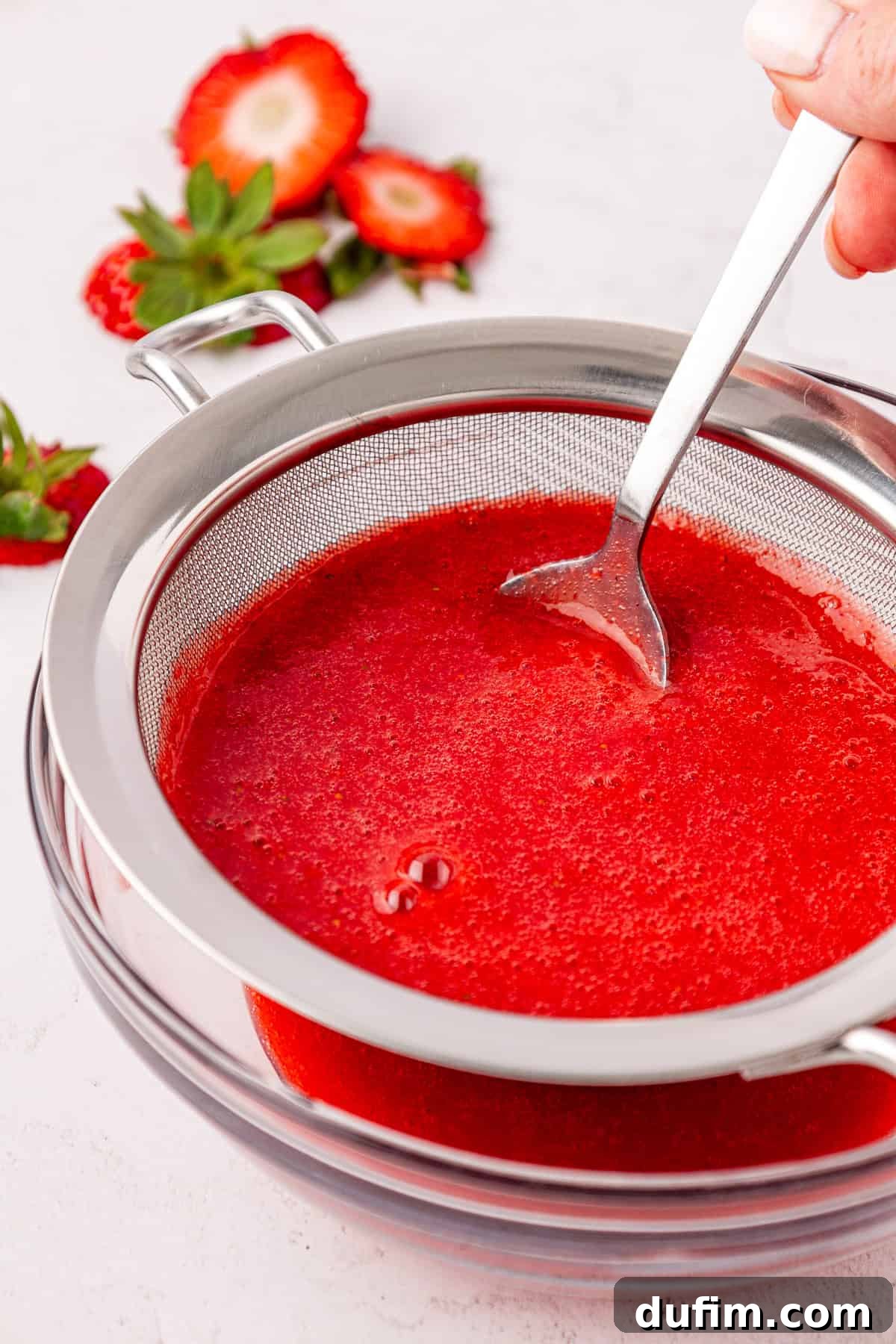 A hand uses a spoon to carefully strain fresh strawberry puree through a fine mesh sieve into a clear glass bowl. Sliced strawberries and green leaves are visible in the soft-focus background.