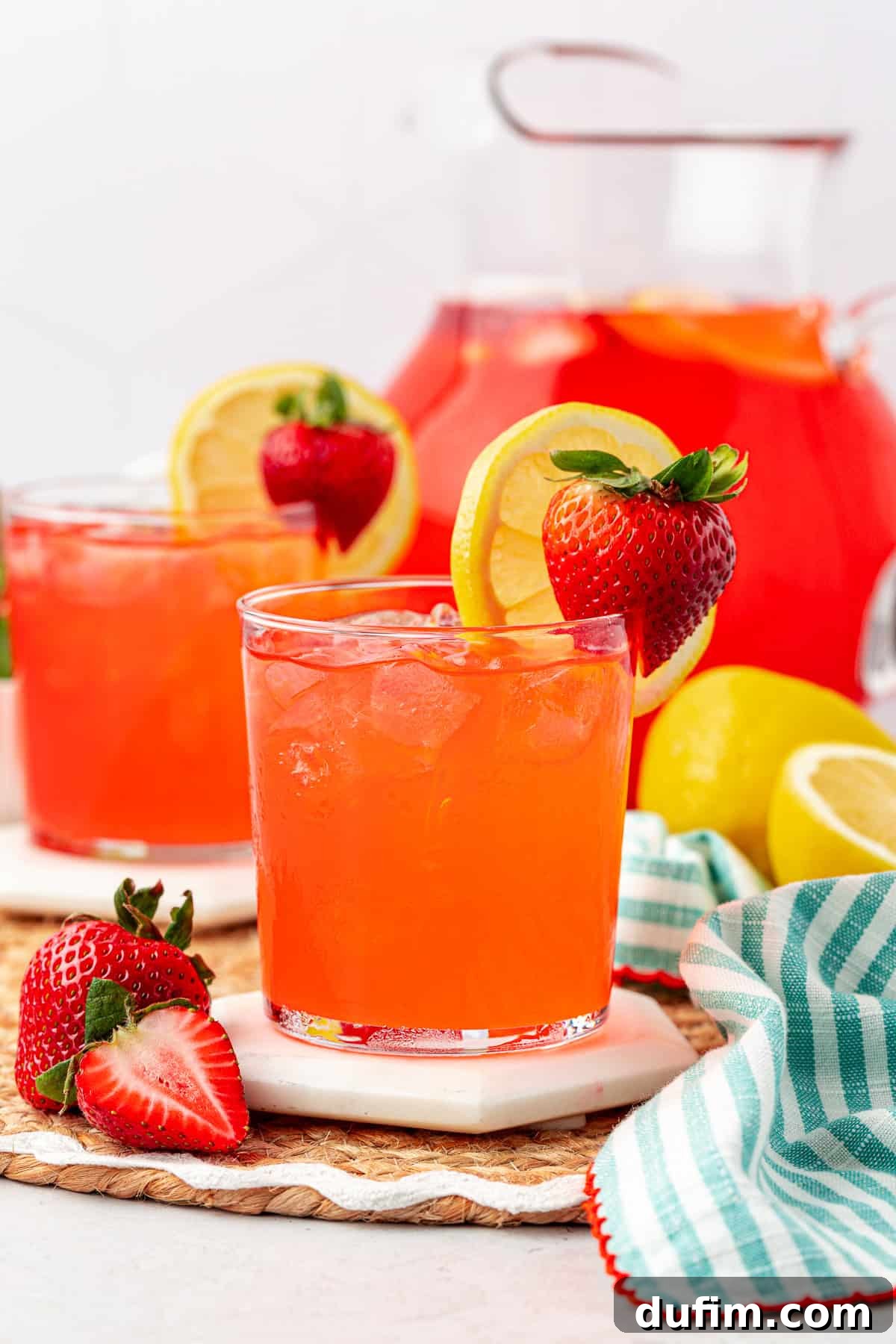 Two elegant glasses of strawberry lemonade, each perfectly chilled with ice and garnished with a fresh lemon slice and whole strawberry. A full pitcher of the delicious drink, alongside fresh strawberries, lemons, and a striped cloth, create an inviting tablescape.