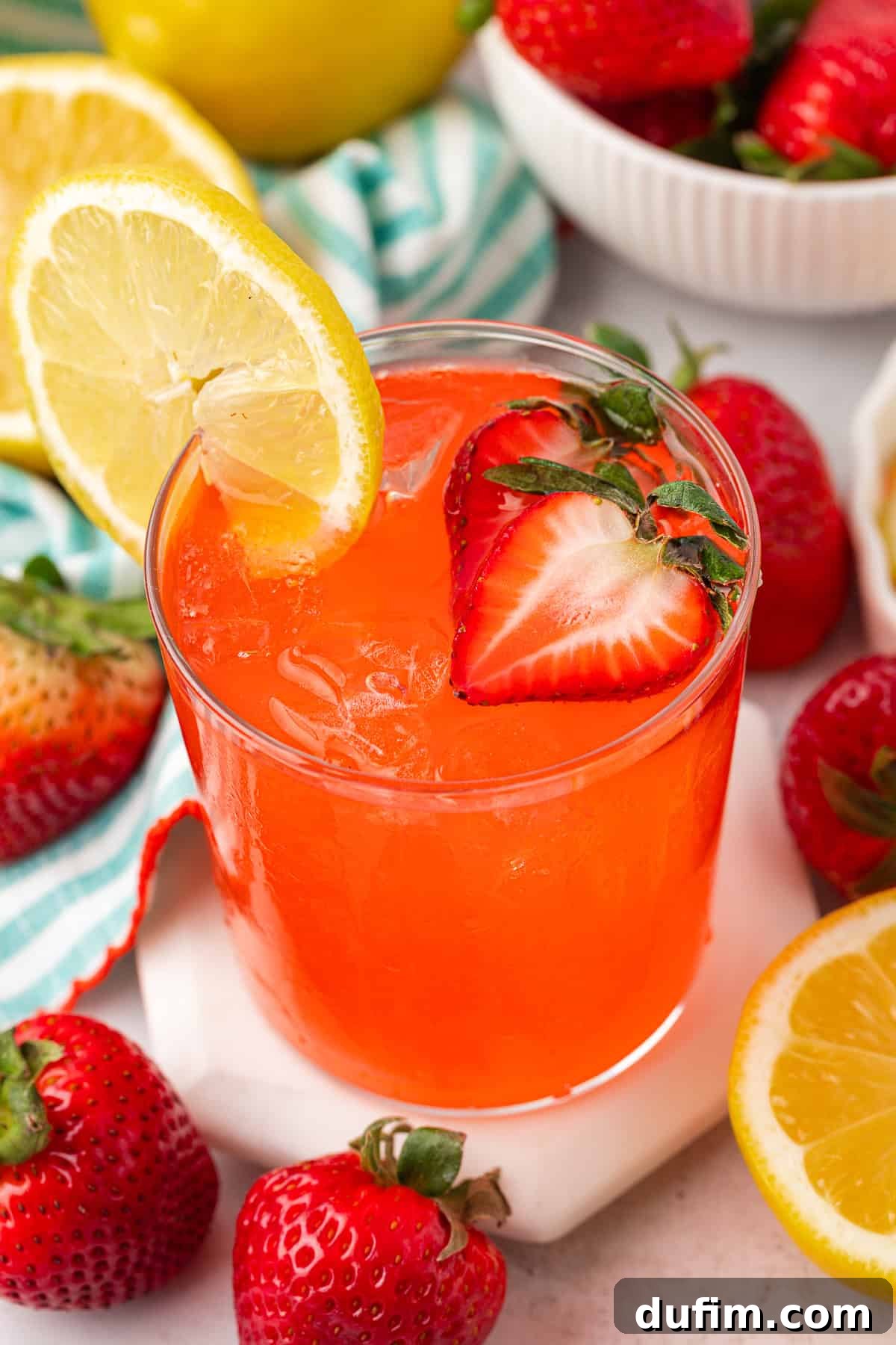 A beautifully presented glass of bright red strawberry lemonade with ice, adorned with a lemon slice and a halved strawberry. Fresh whole strawberries and a stylish striped cloth create a inviting backdrop.