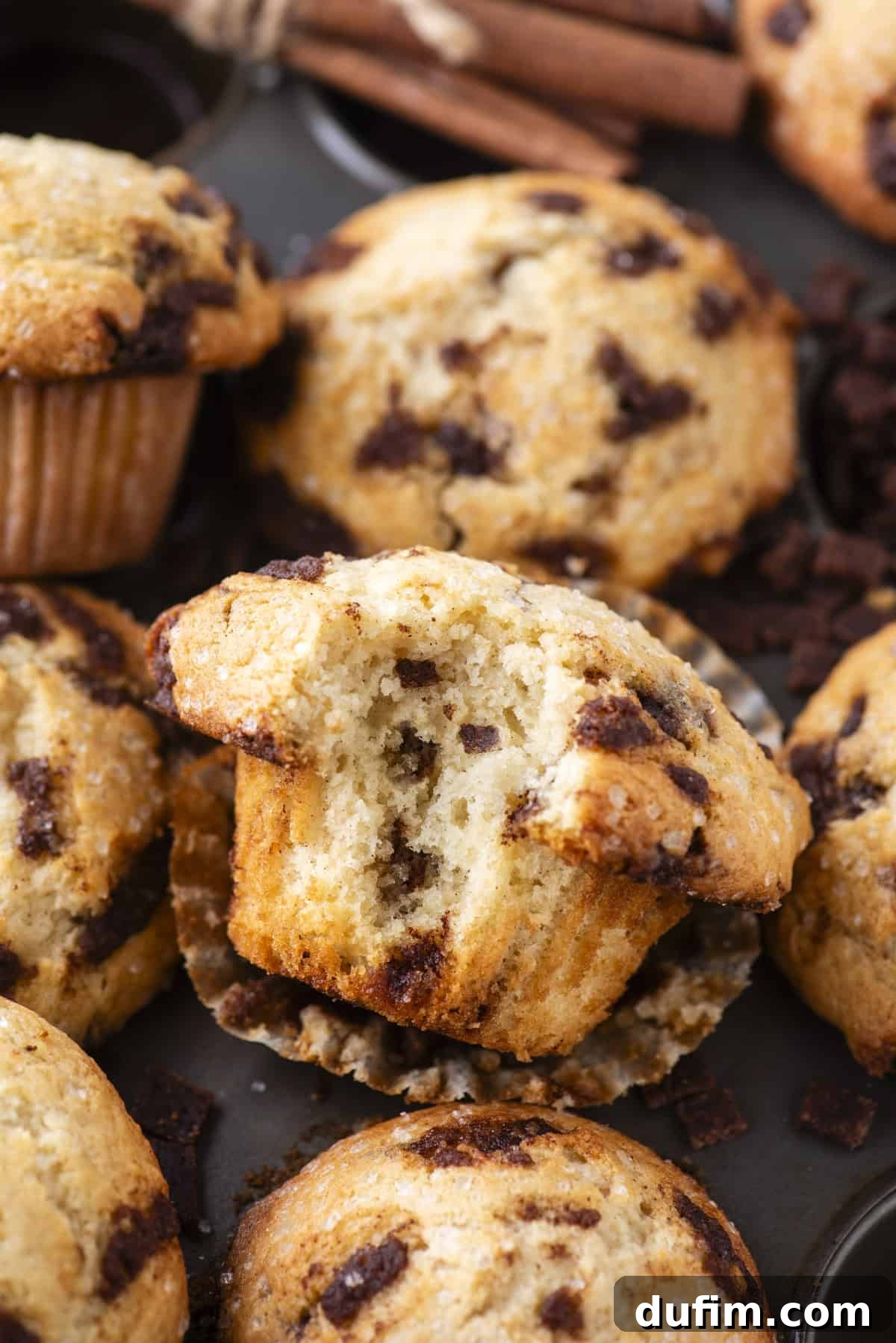 Spiced Cinnamon Chip Muffins 16 A close-up of several cinnamon chip muffins, with one muffin in the center partially split open to reveal its moist interior and cinnamon chips. Cinnamon sticks and cinnamon pieces are in the background.